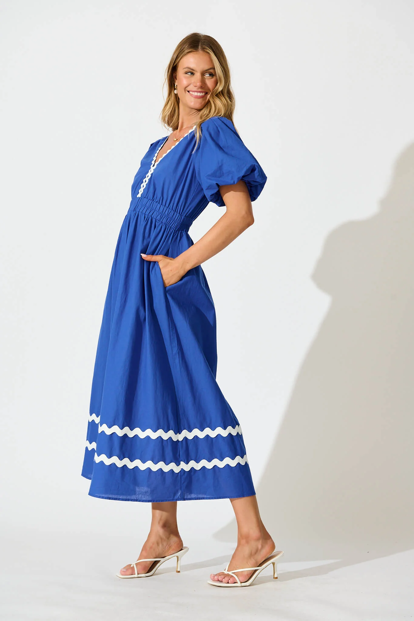 Indi Maxi Dress in Cobalt with White Ric Rac Trim Cotton - Image 3