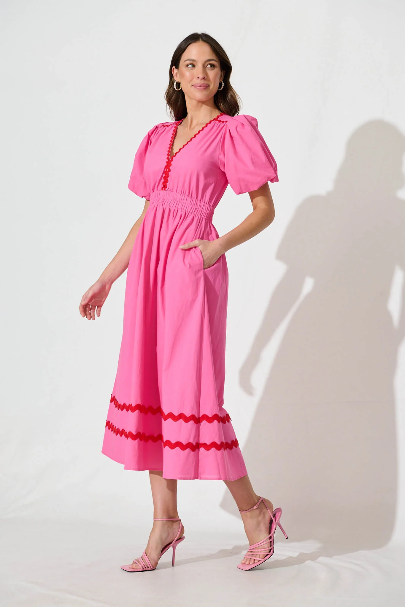 Indi Maxi Dress In Pink With Red Ric Rac Trim Cotton - Image 3