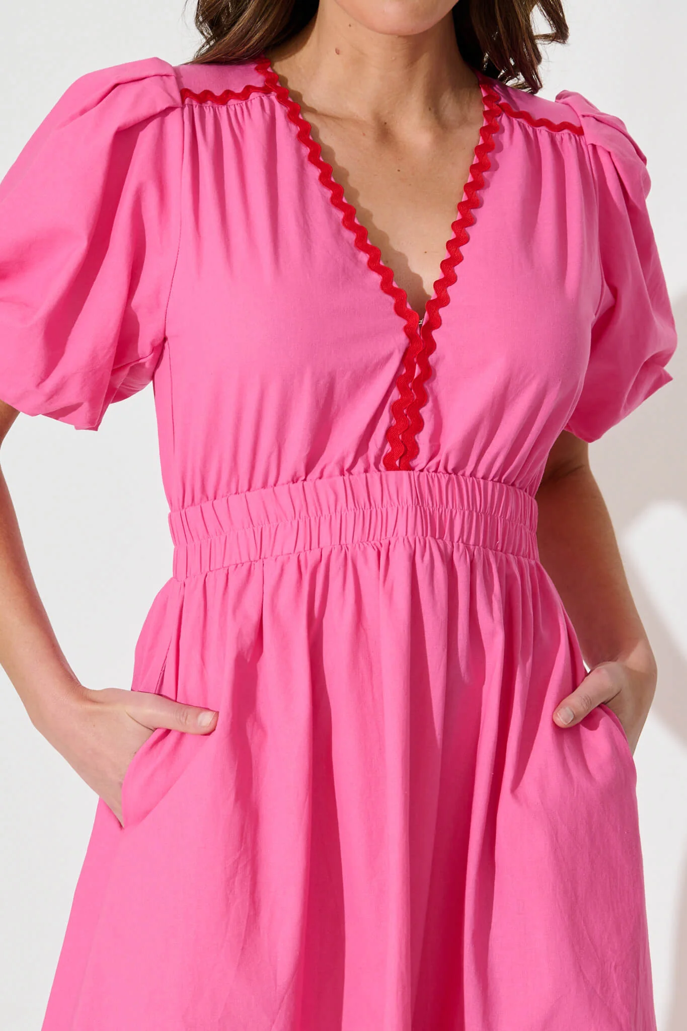 Indi Maxi Dress In Pink With Red Ric Rac Trim Cotton - Image 5