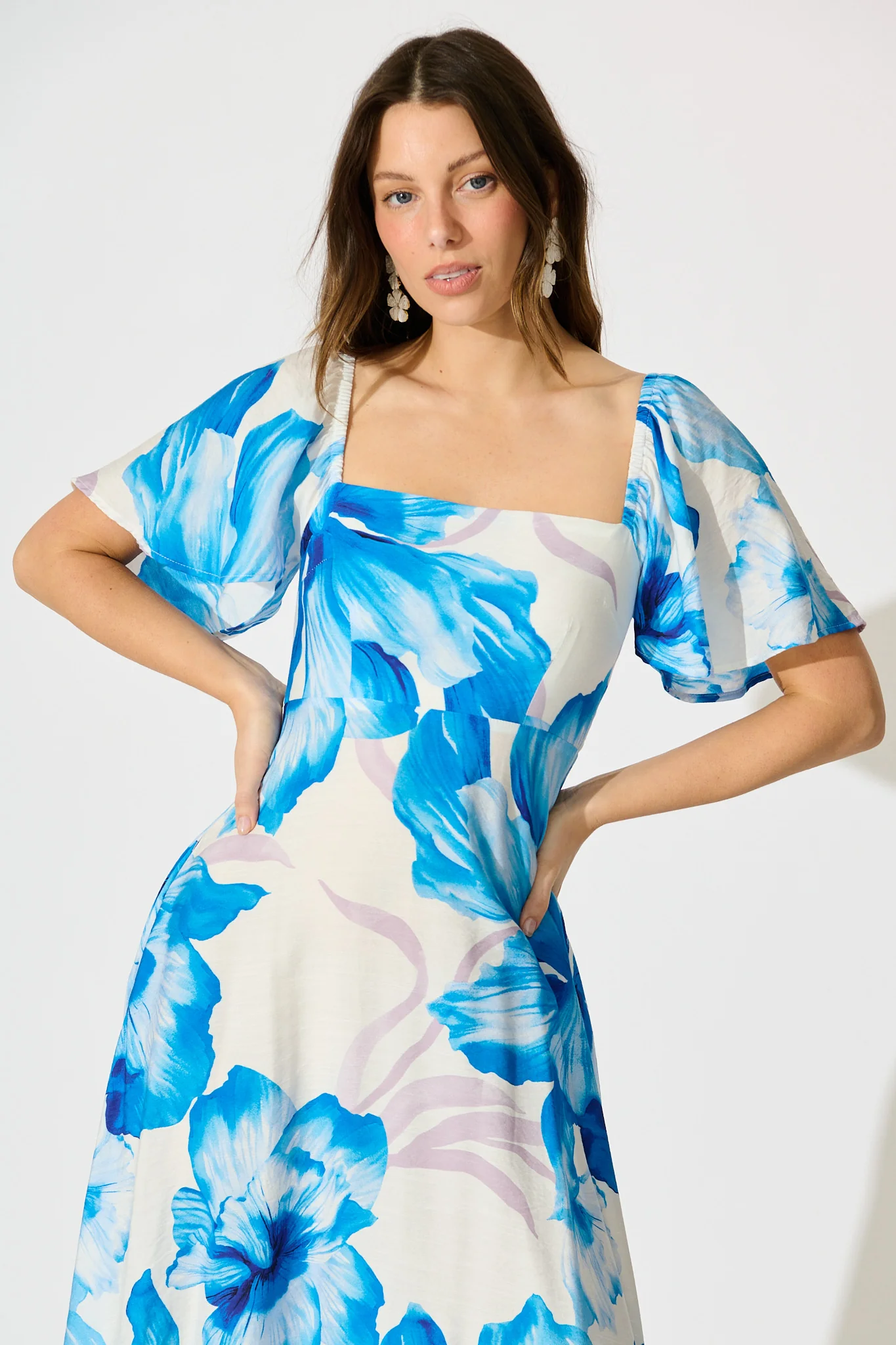 Indira Maxi Dress in White with Blue Floral - Image 2