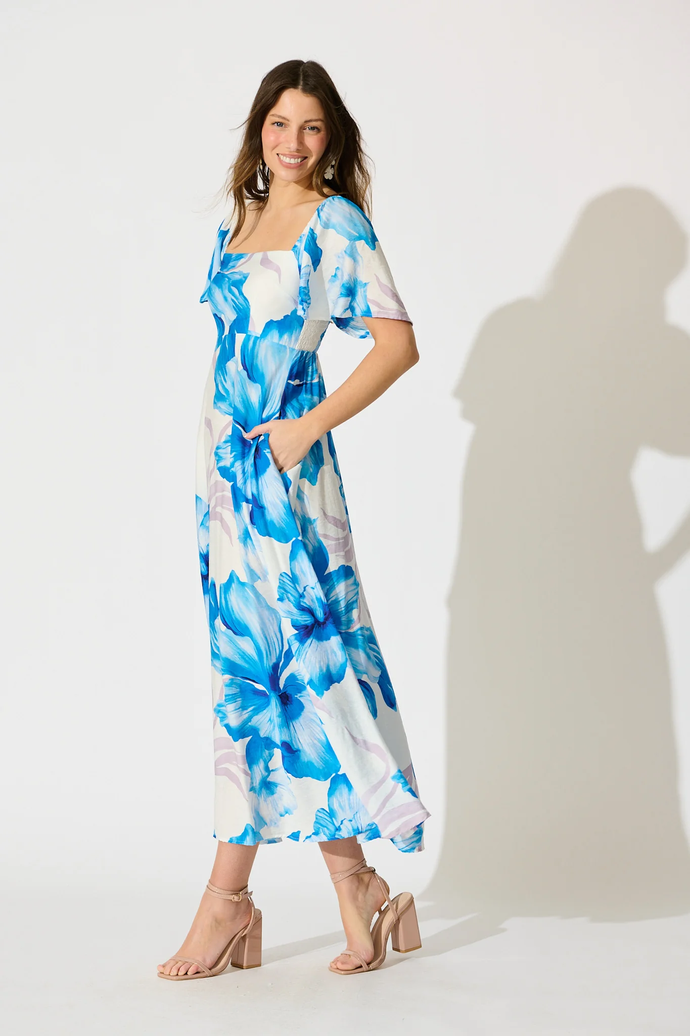 Indira Maxi Dress in White with Blue Floral - Image 3