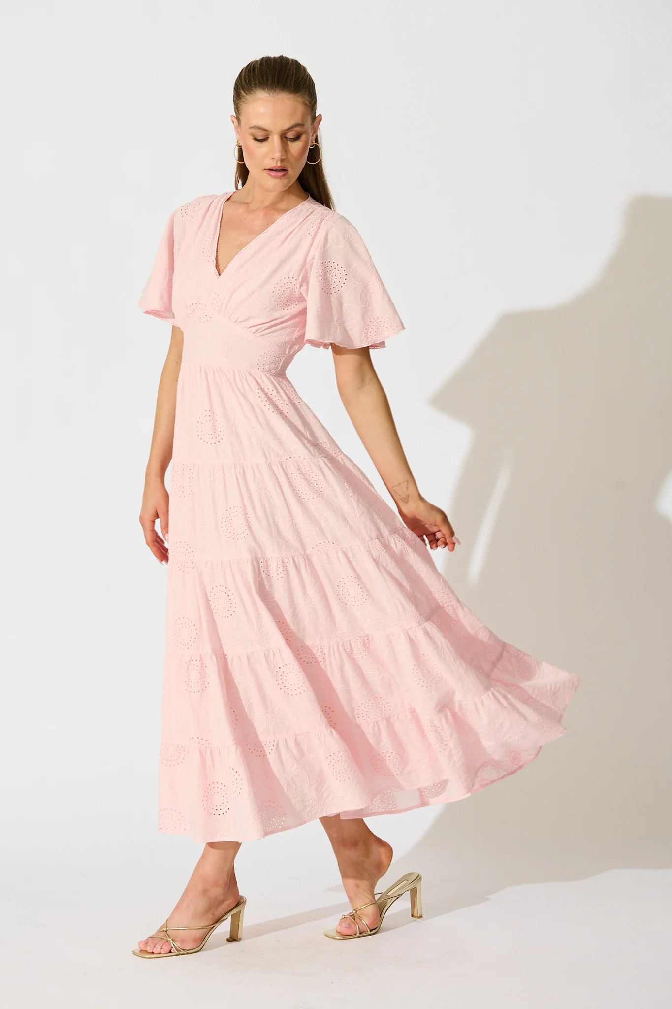Indra Tierred Maxi Dress In Pink Embroidered Cotton - Image 3