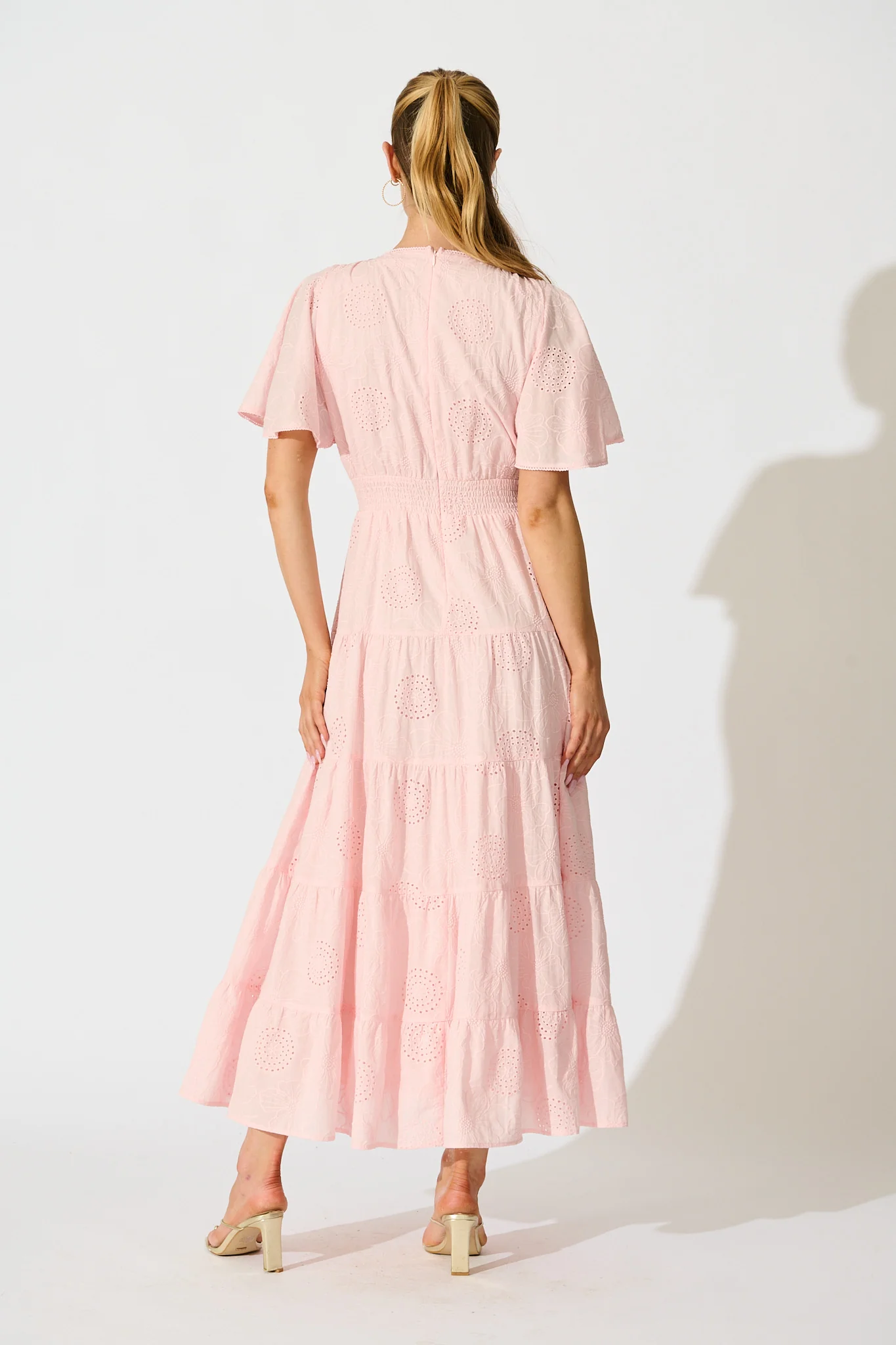 Indra Tierred Maxi Dress In Pink Embroidered Cotton - Image 4