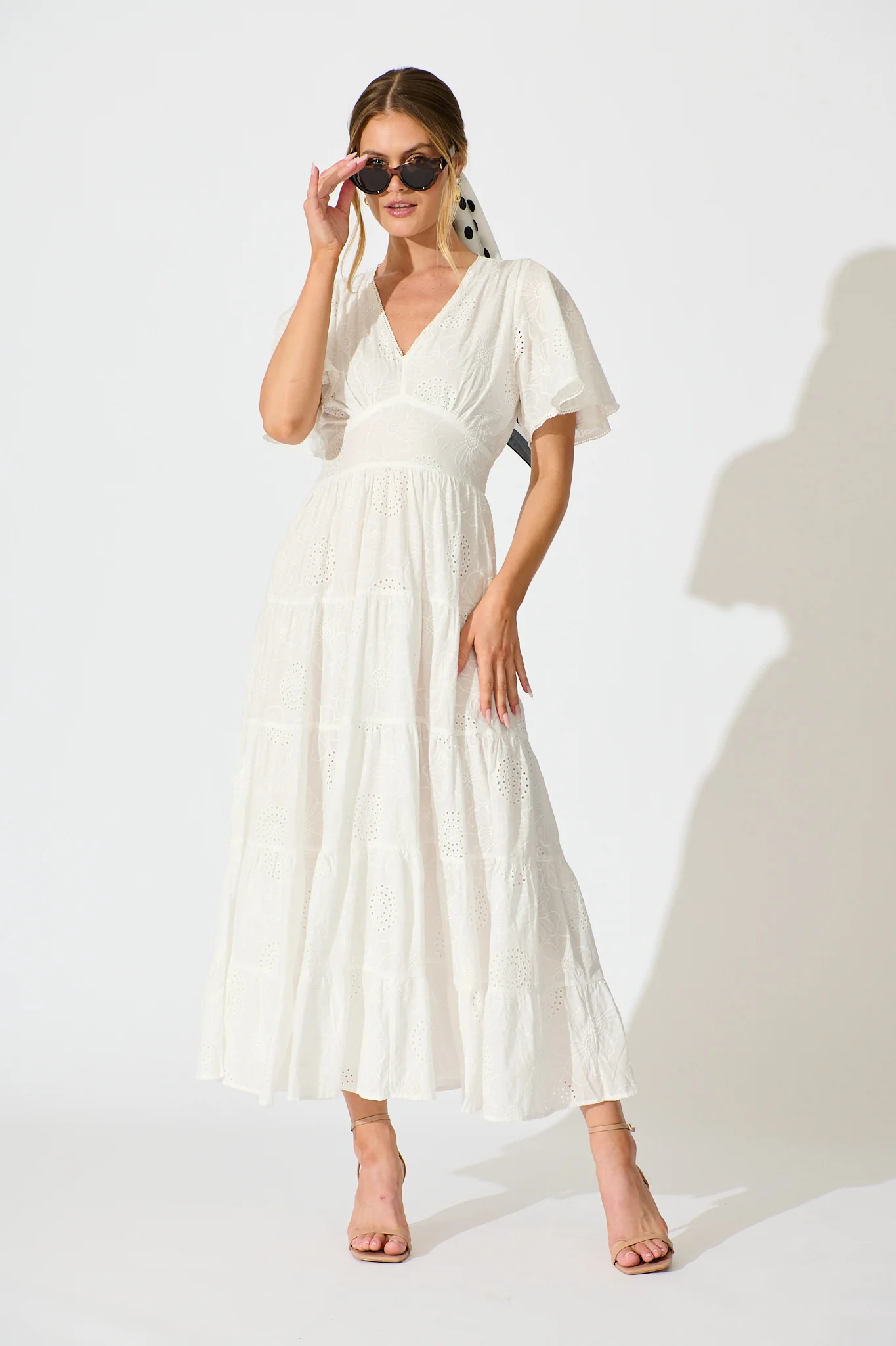 Indra Tierred Maxi Dress In White Embroidered Cotton
