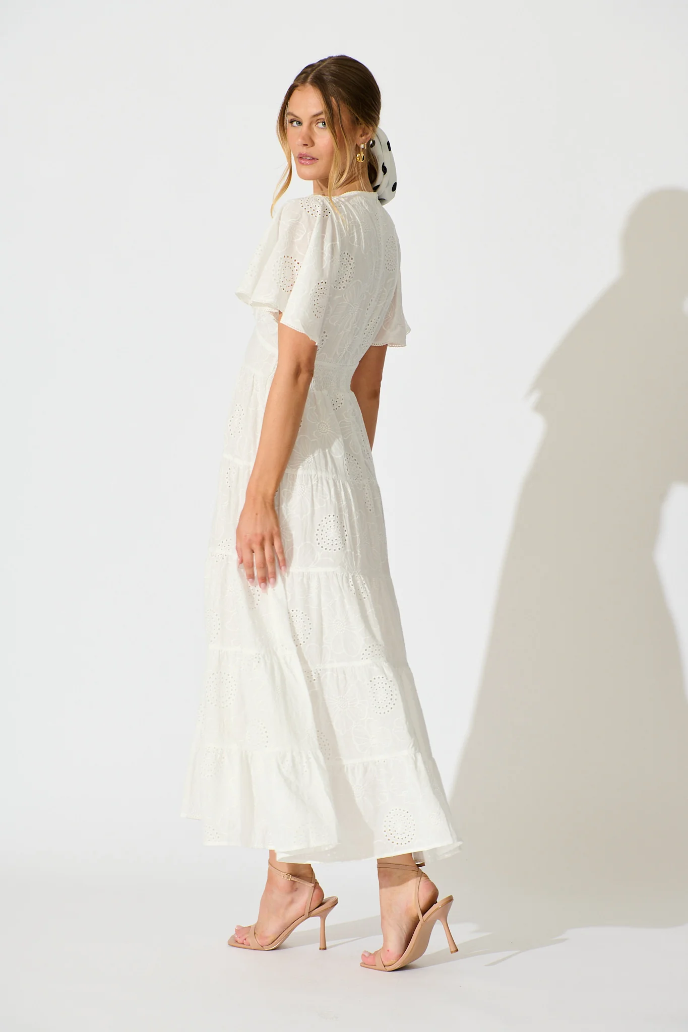 Indra Tierred Maxi Dress In White Embroidered Cotton - Image 3