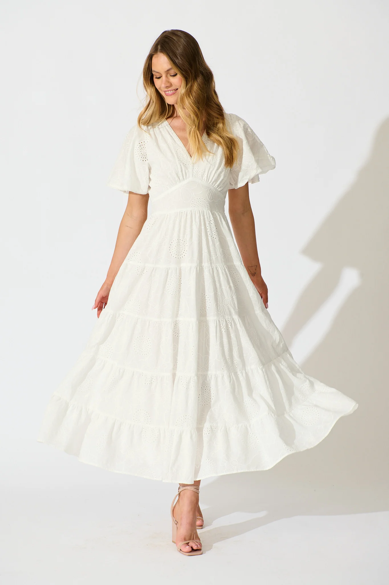 Indra Tierred Maxi Dress In White Embroidered Cotton - Image 5