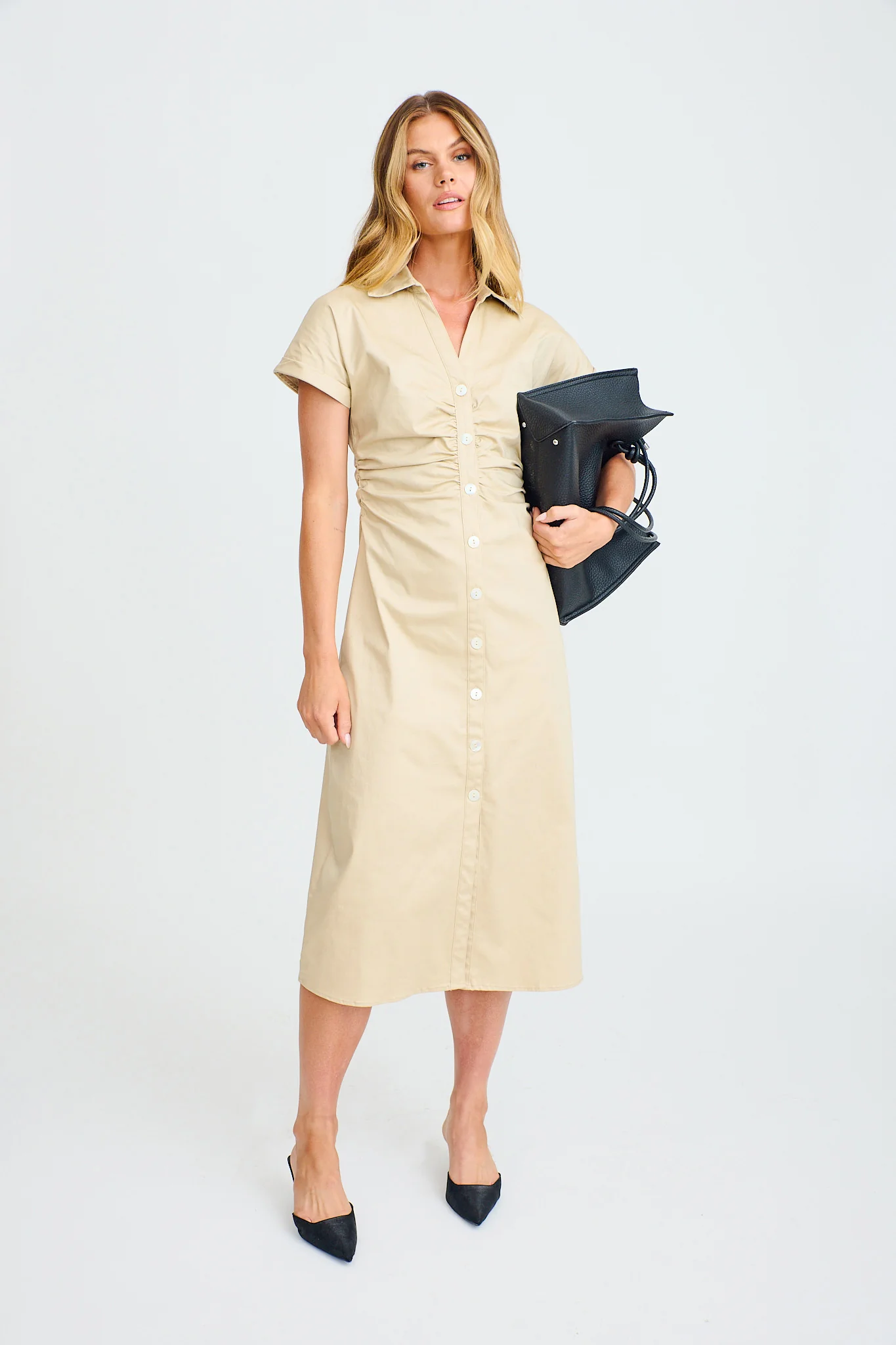 Inspiring Midi Shirt Dress in Beige Cotton Blend