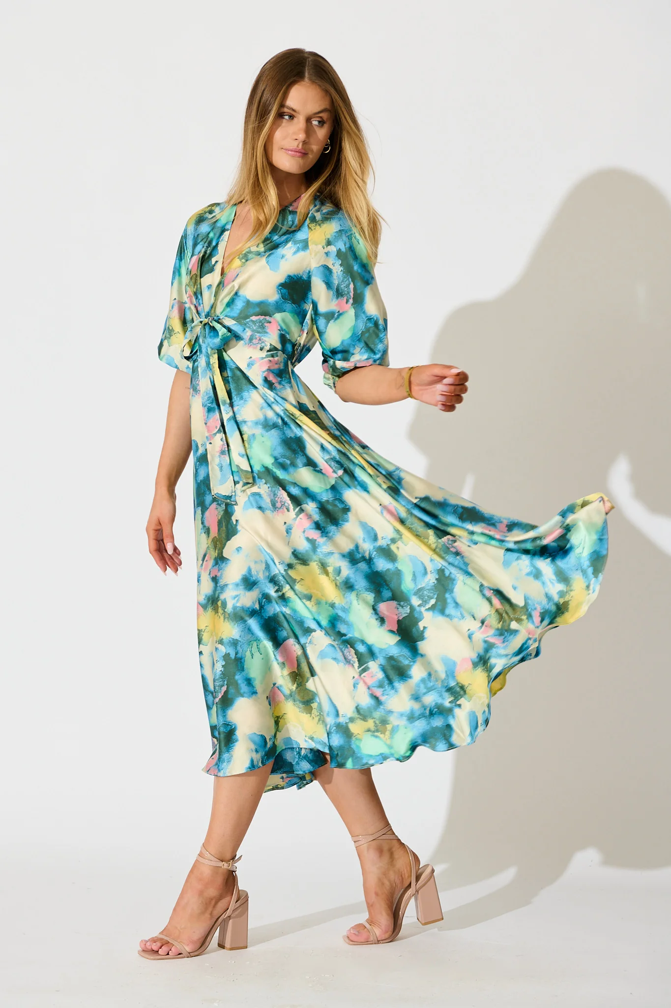 Iris Belle Maxi Dress in Blue Multi Watercolour Satin - Image 4