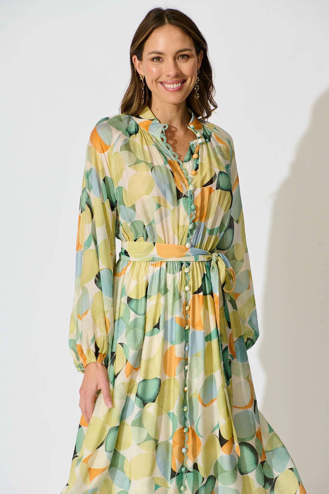 Isabeau Midi Dress in Green with Multi Watercolour Spot - Image 2