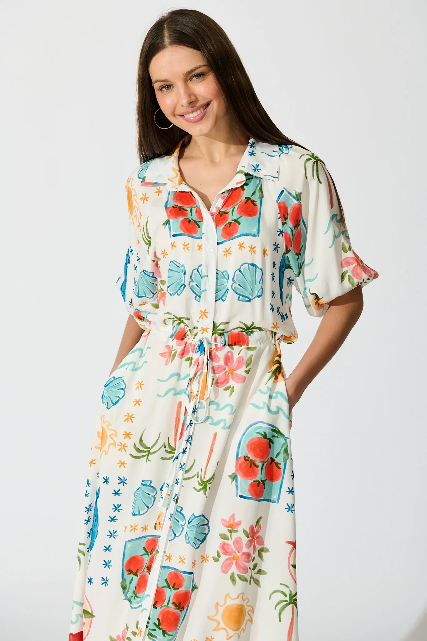 Isla Botanica Midi Shirt Dress in Cream with Multi Conversational Print - Image 2