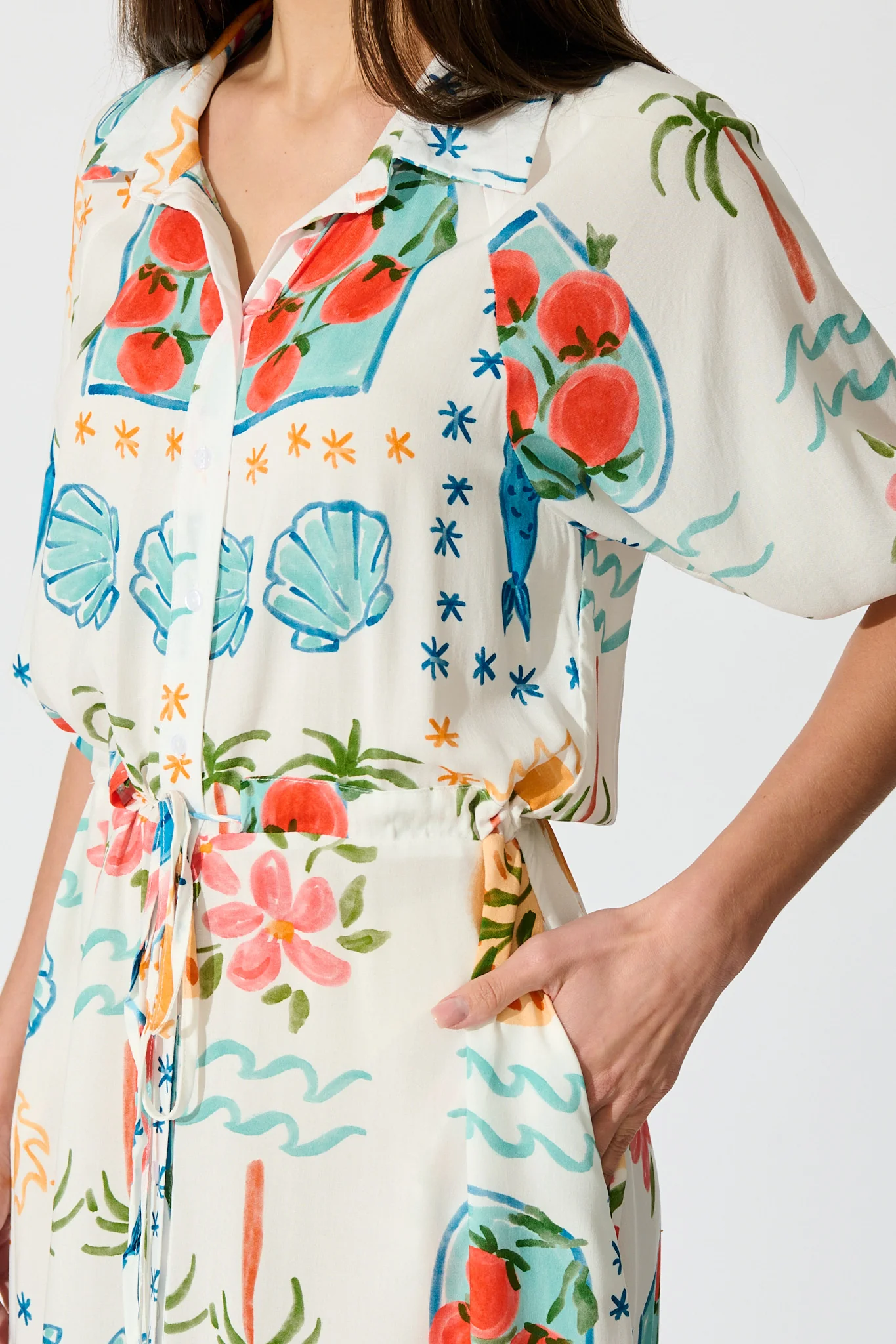 Isla Botanica Midi Shirt Dress in Cream with Multi Conversational Print - Image 5