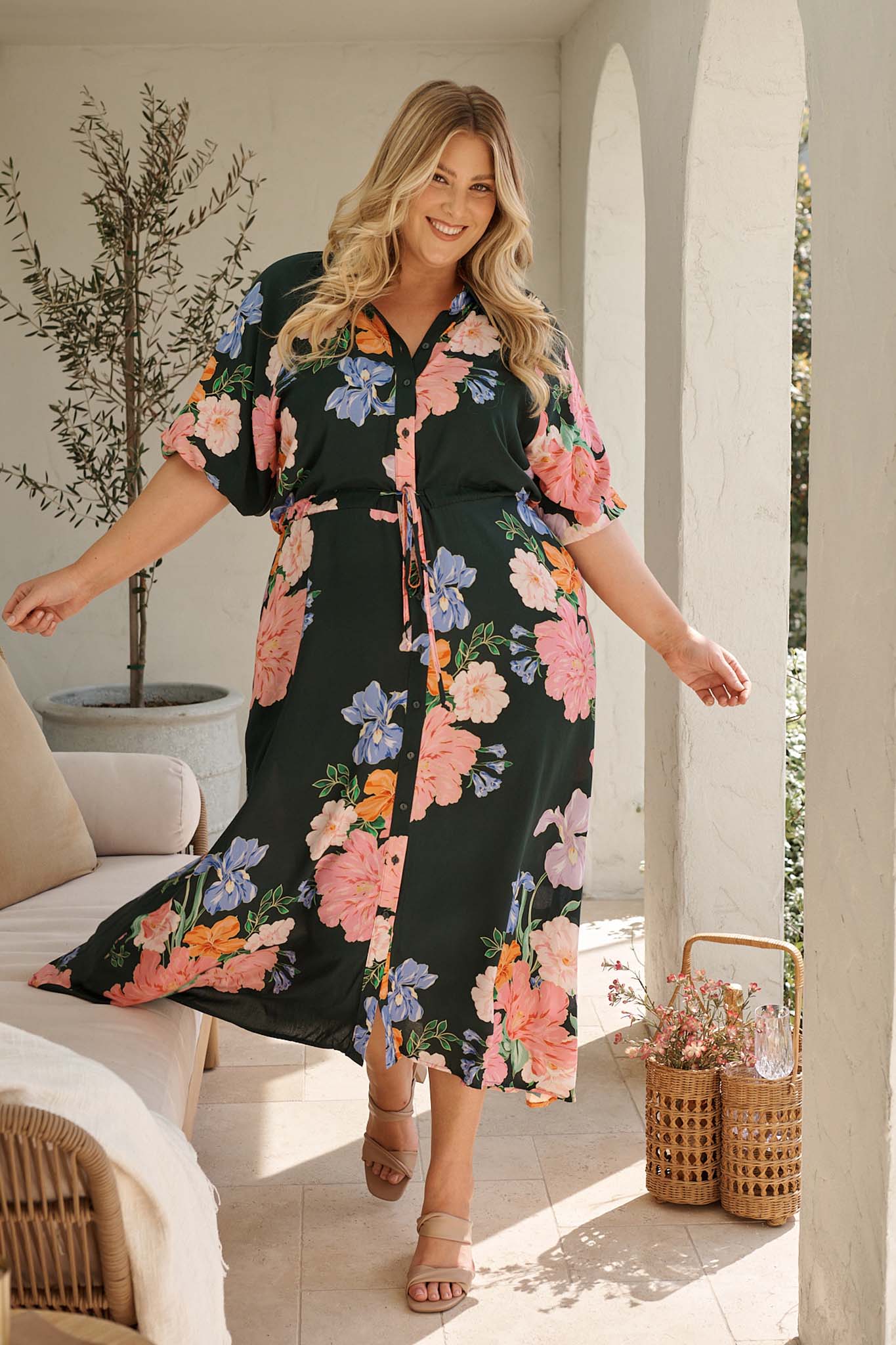 Isla Botanica Midi Shirt Dress in Green with Multi Floral