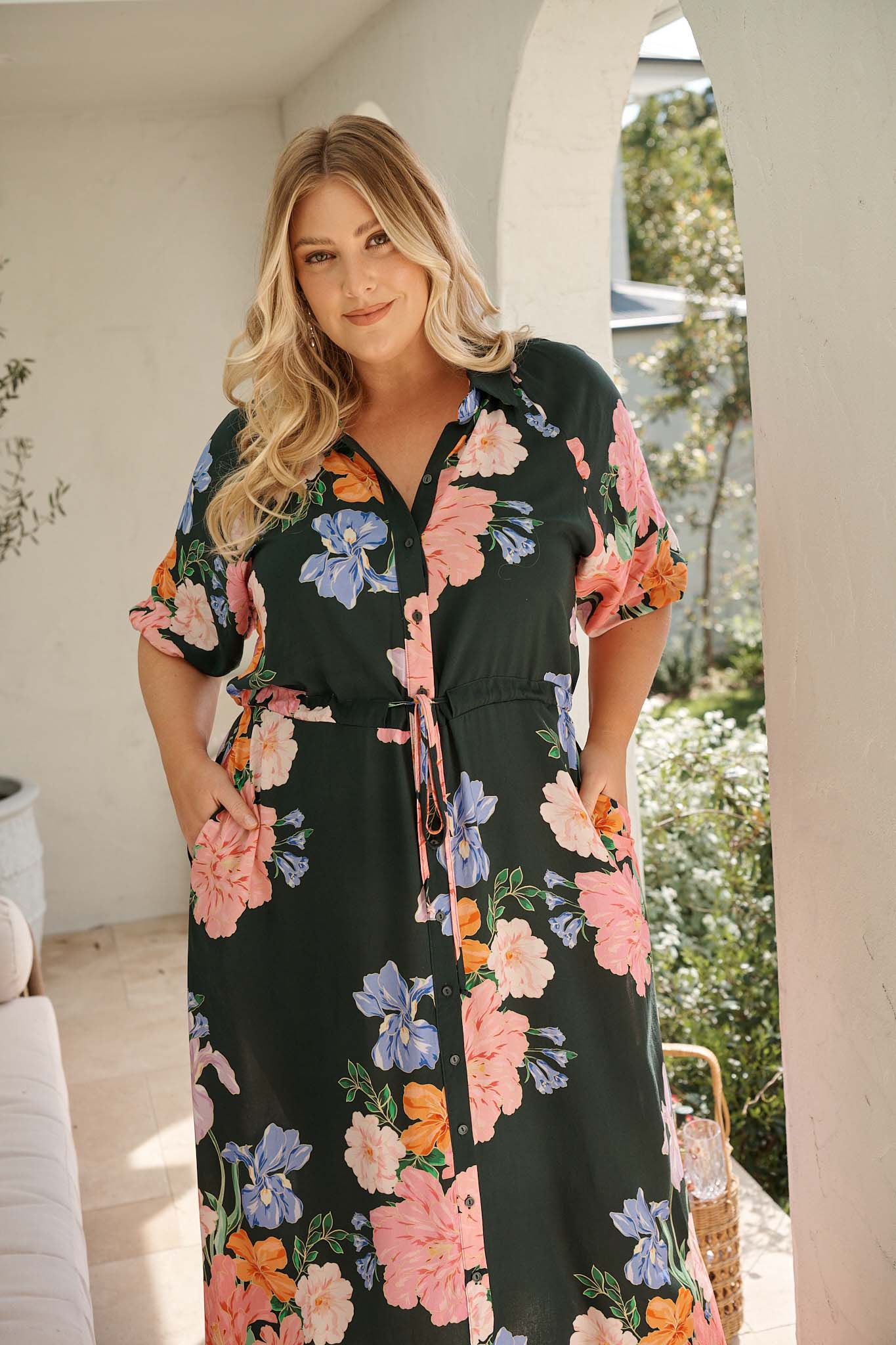 Isla Botanica Midi Shirt Dress in Green with Multi Floral - Image 10