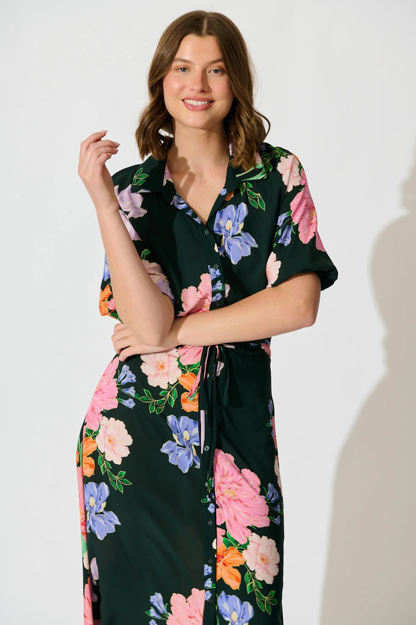 Isla Botanica Midi Shirt Dress in Green with Multi Floral - Image 6