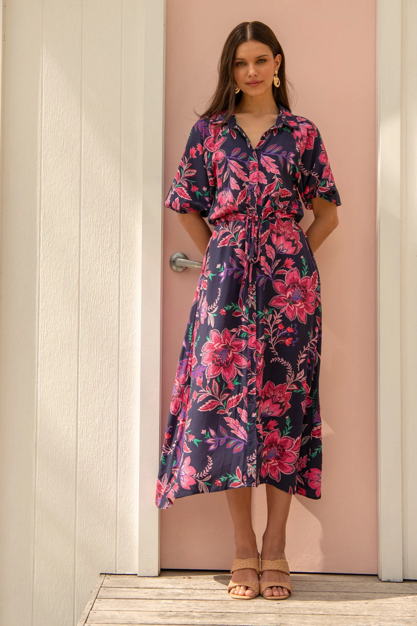 Isla Botanica Midi Shirt Dress in Navy with Pink Floral - Image 4