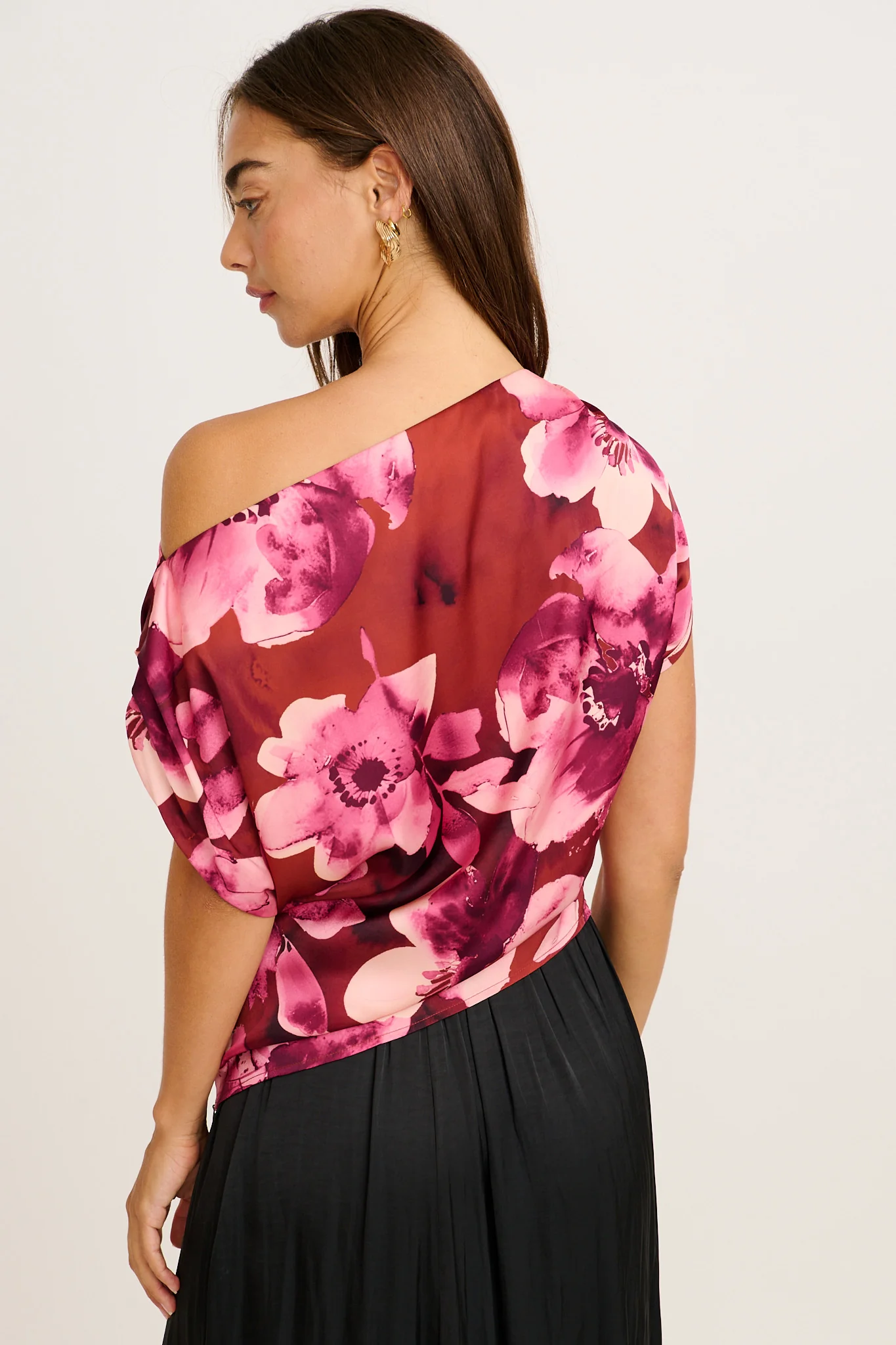Island Aura Off Shoulder Top in Wine with Blush Floral Satin - Image 8