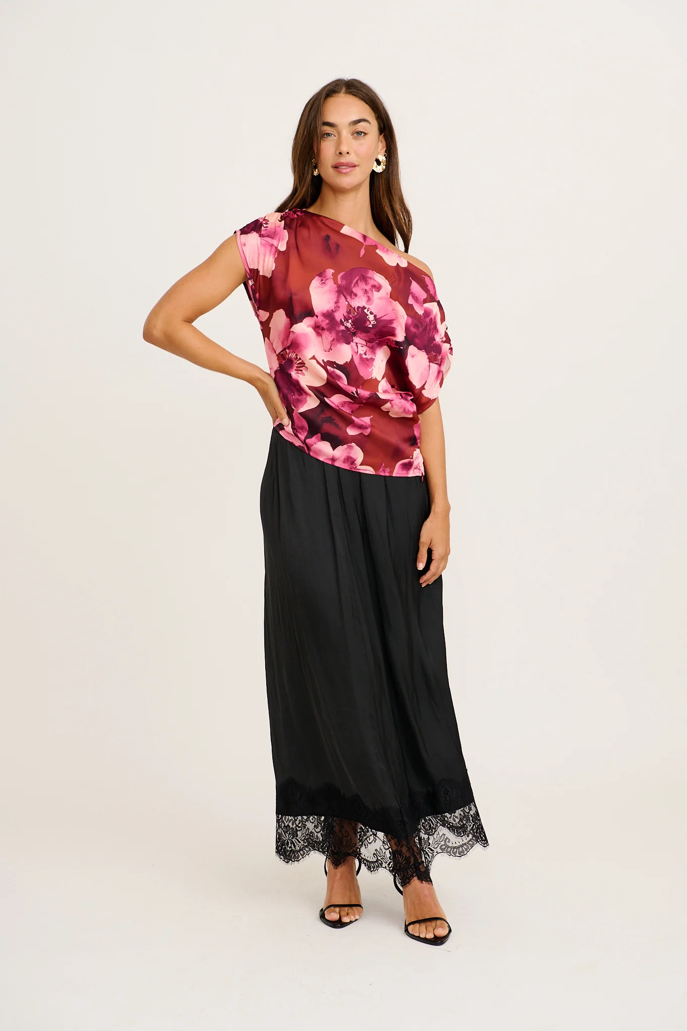 Island Aura Off Shoulder Top in Wine with Blush Floral Satin - Image 9