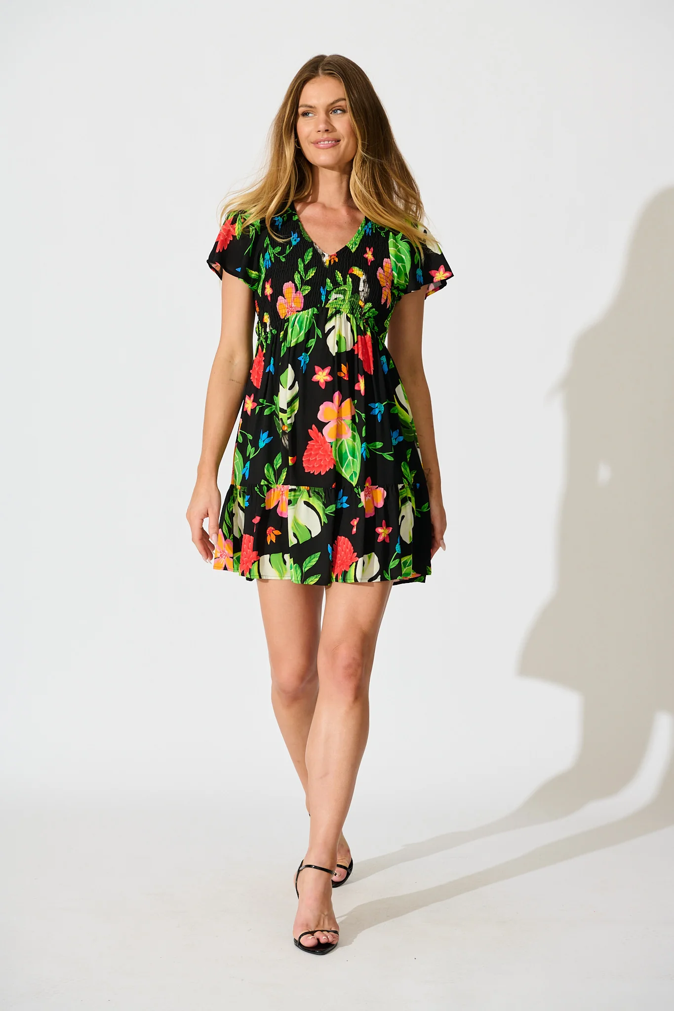 Island Escape Dress in Black with Multi Tropical Print