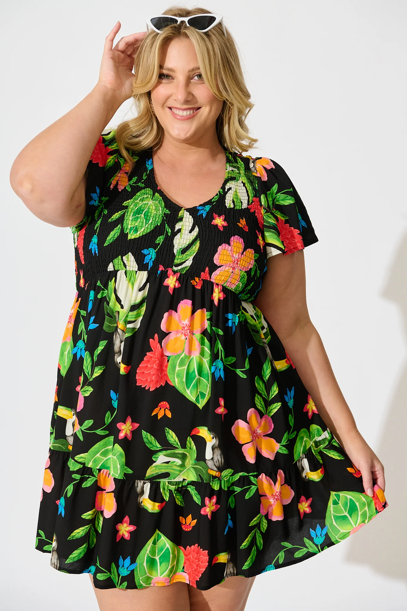 Island Escape Dress in Black with Multi Tropical Print - Image 6