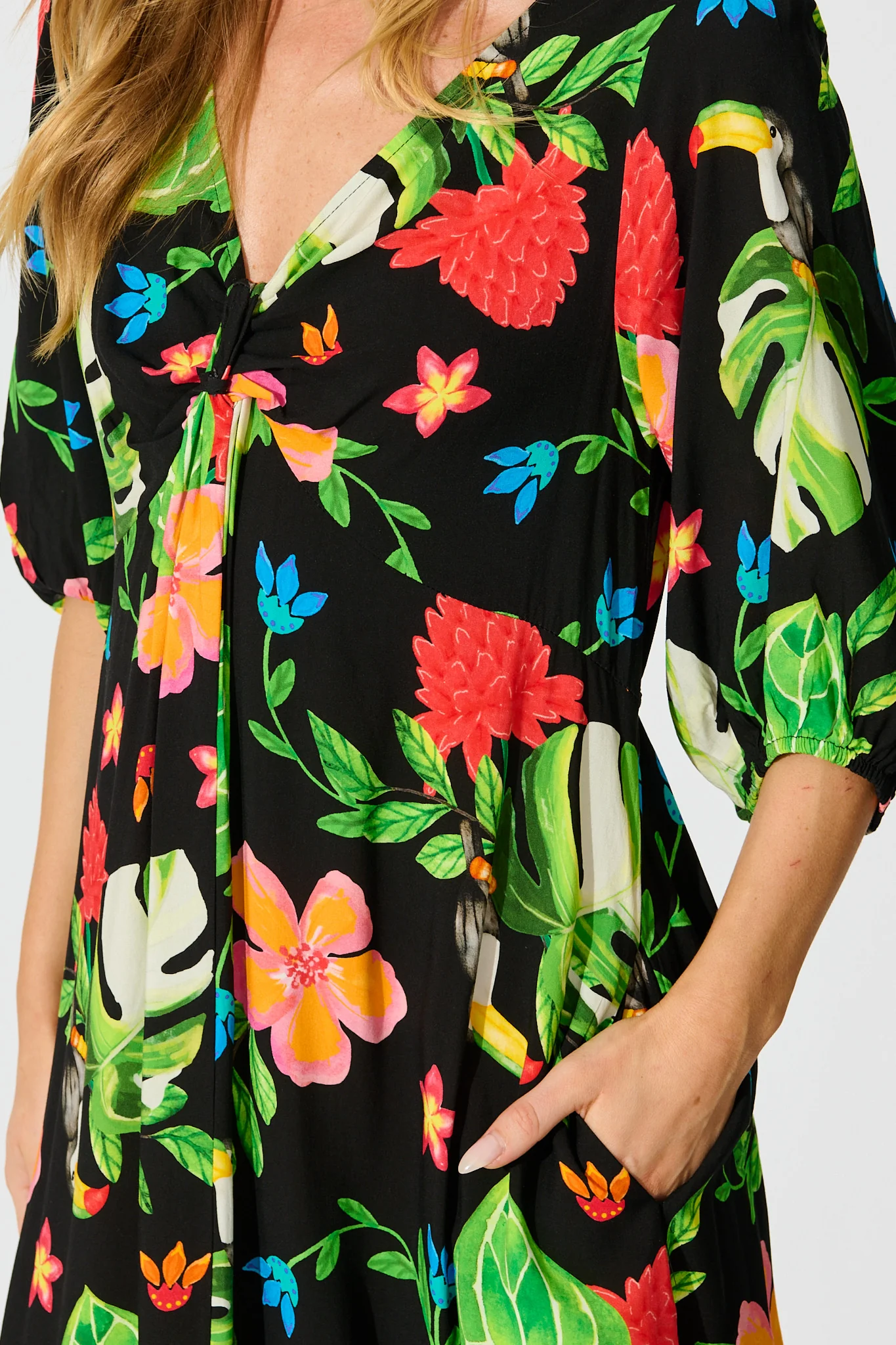 Island Tropic Maxi Dress in Black with Multi Tropical Print - Image 5