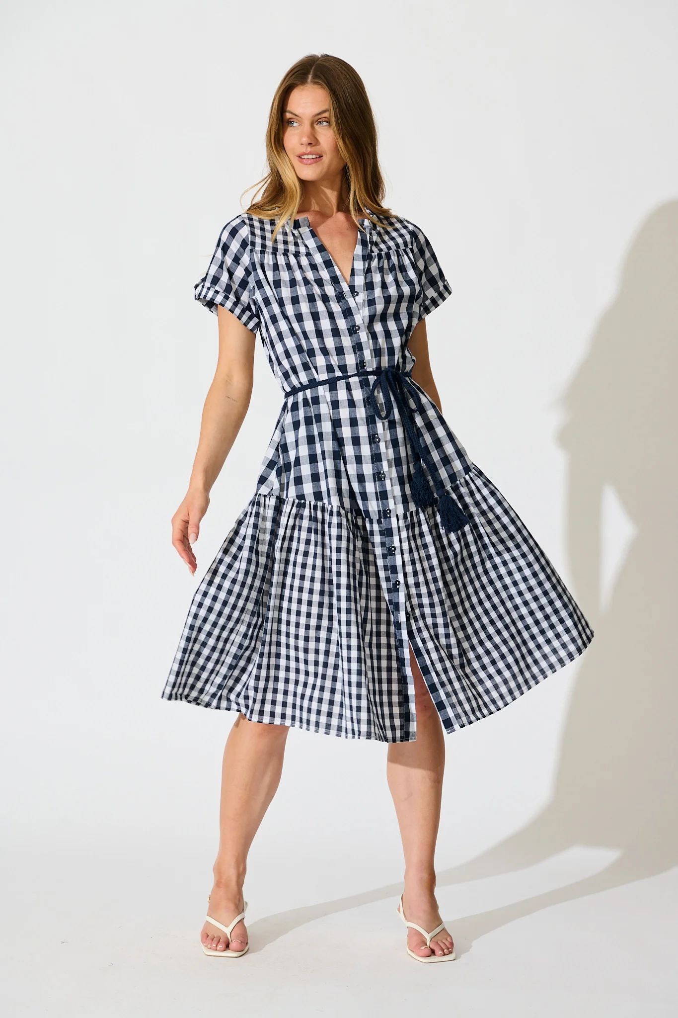 Ivara Midi Smock Dress in Navy Gingham Check Cotton