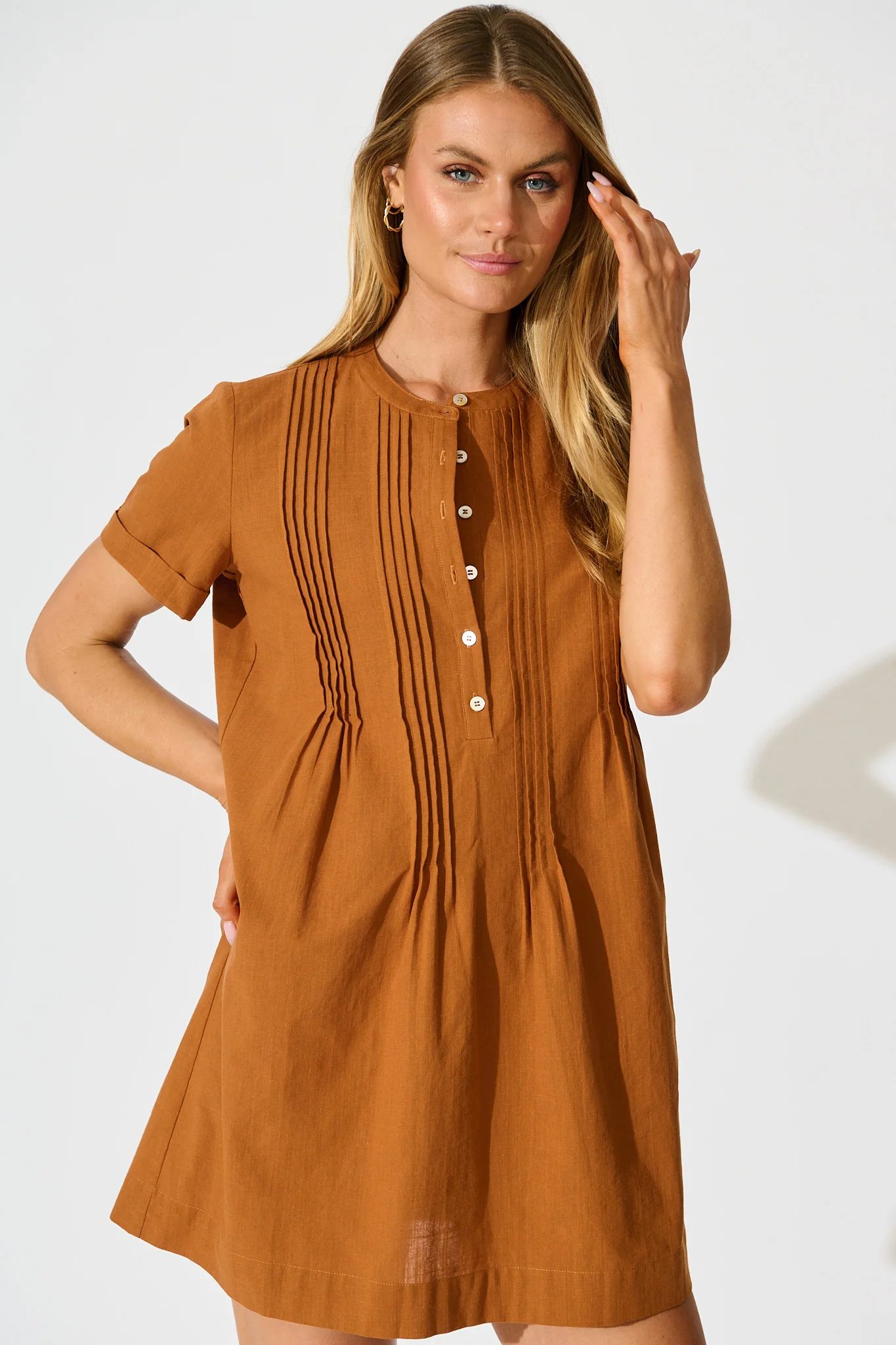 Ivory Fields Smock Dress in Camel Brown Cotton - Image 2