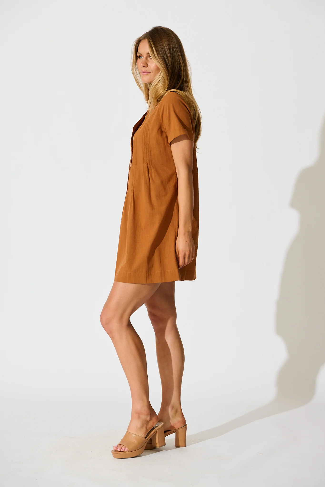 Ivory Fields Smock Dress in Camel Brown Cotton - Image 3
