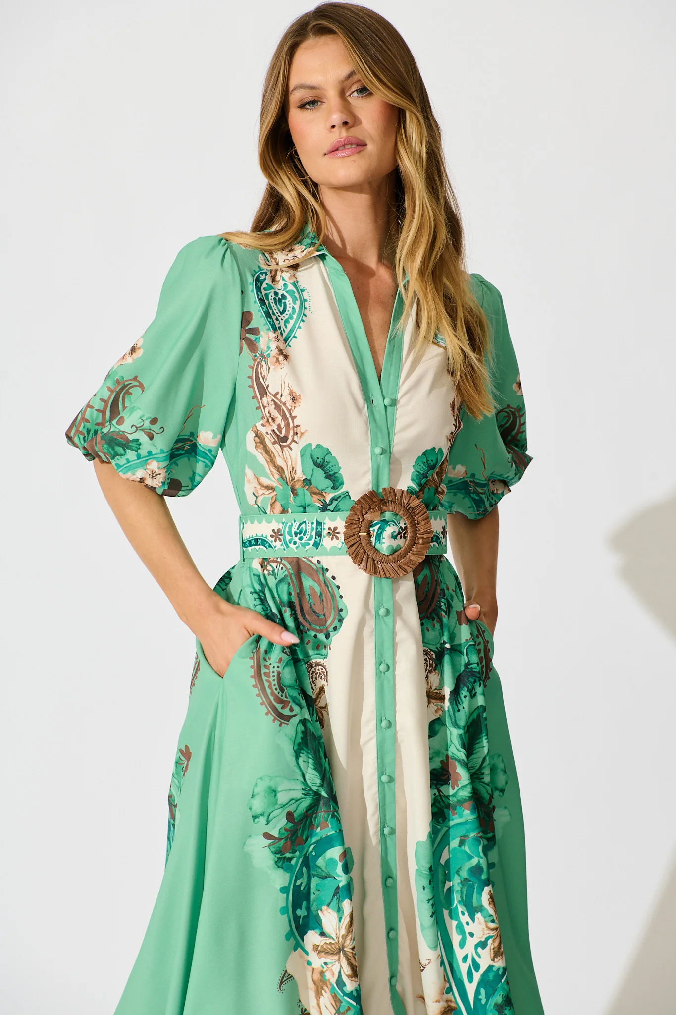 Jade Garden Midi Shirt Dress in Cream with Jade Print Linen Blend - Image 5