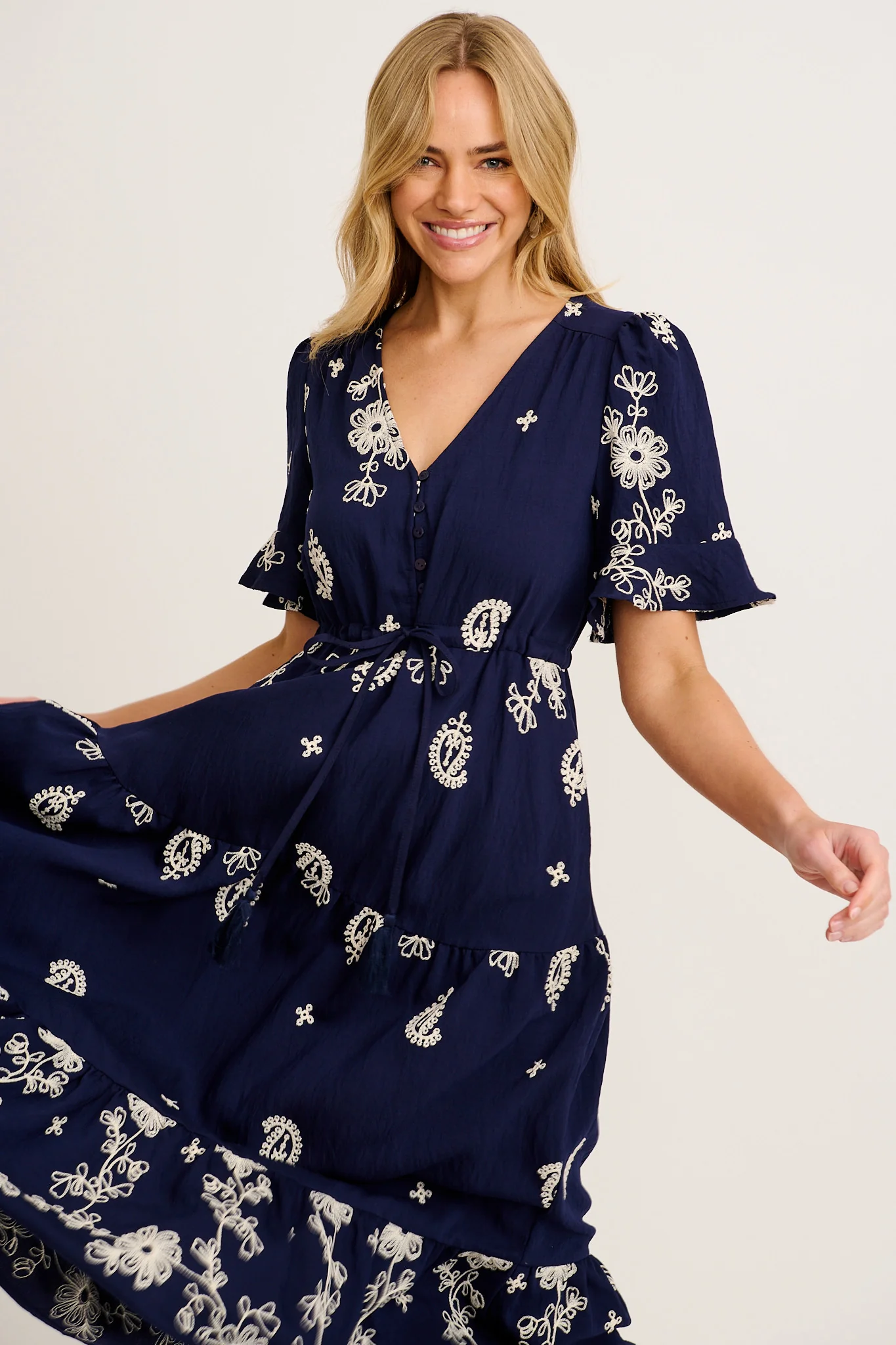 Jaliyah Maxi Dress in Navy with White Embroidery - Image 2