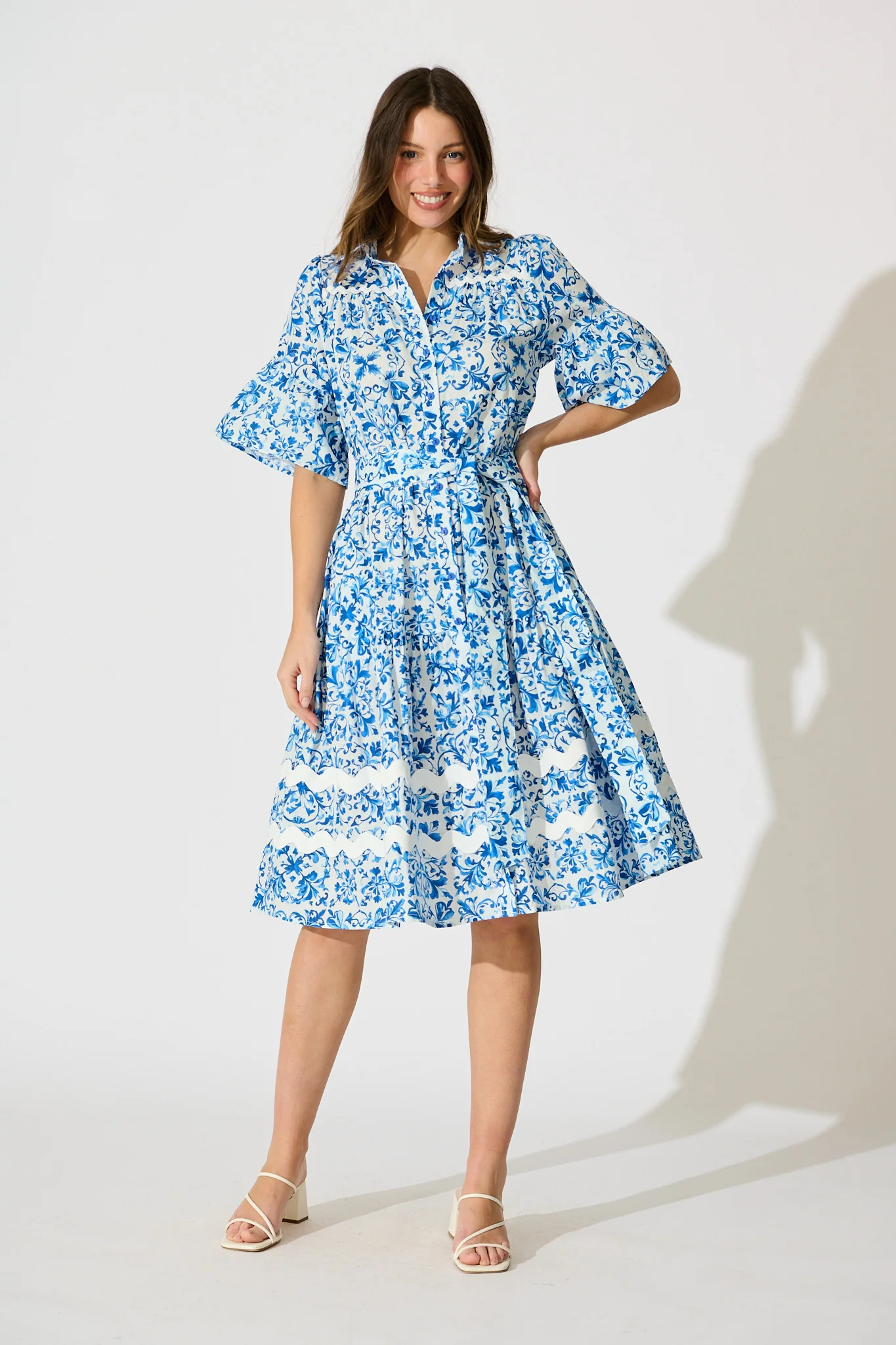 Janella Midi Dress in White with Blue Cotton