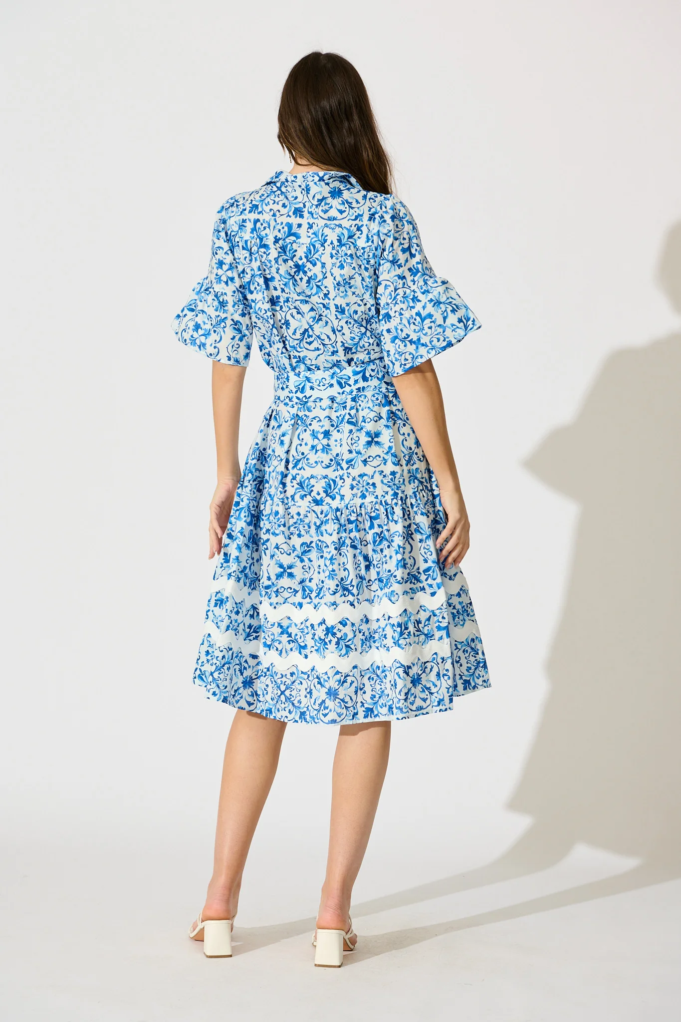 Janella Midi Dress in White with Blue Cotton - Image 4