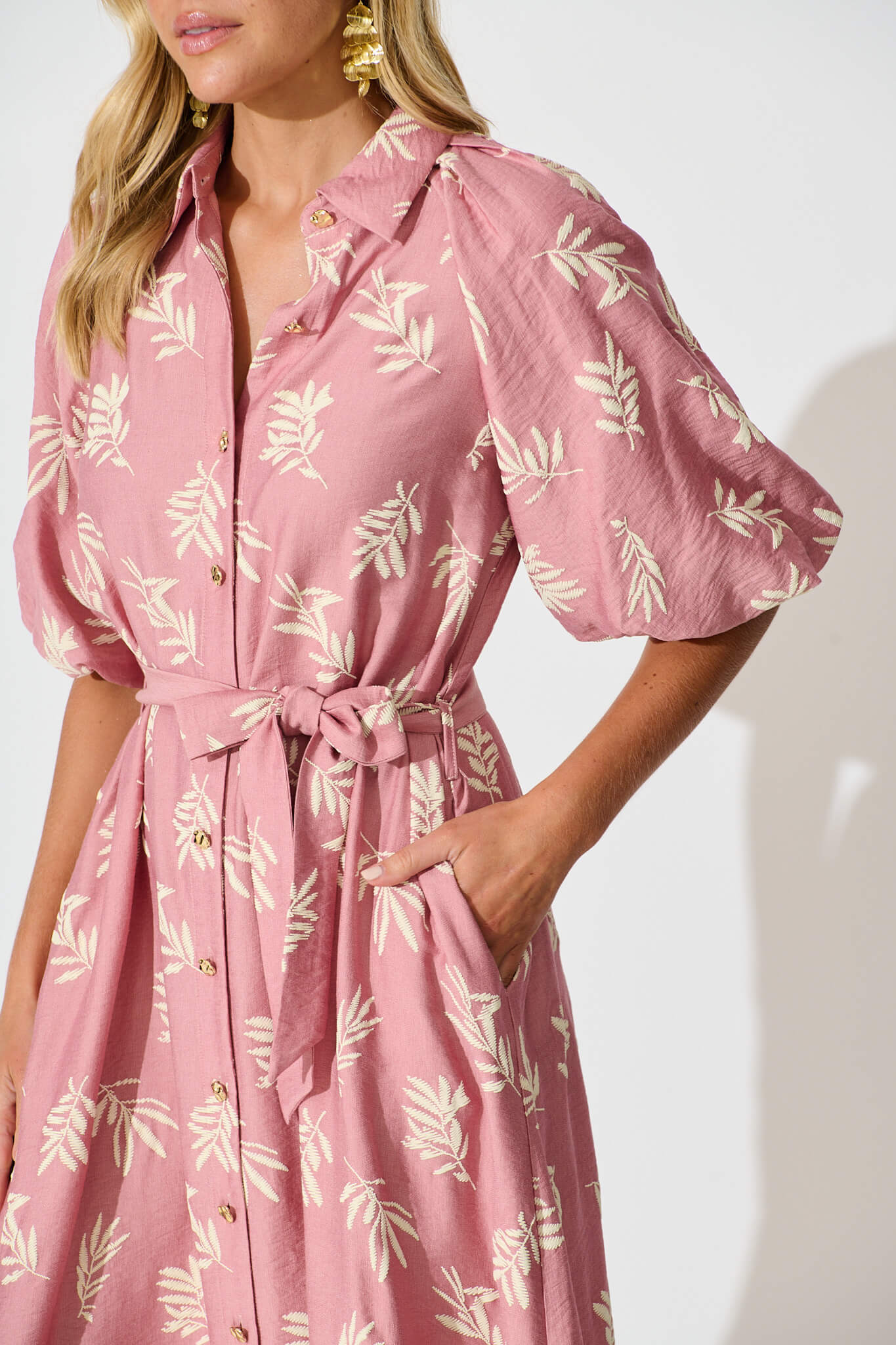 Jasmine Midi Shirt Dress in Dusty Rose with Cream Leaf - Image 5