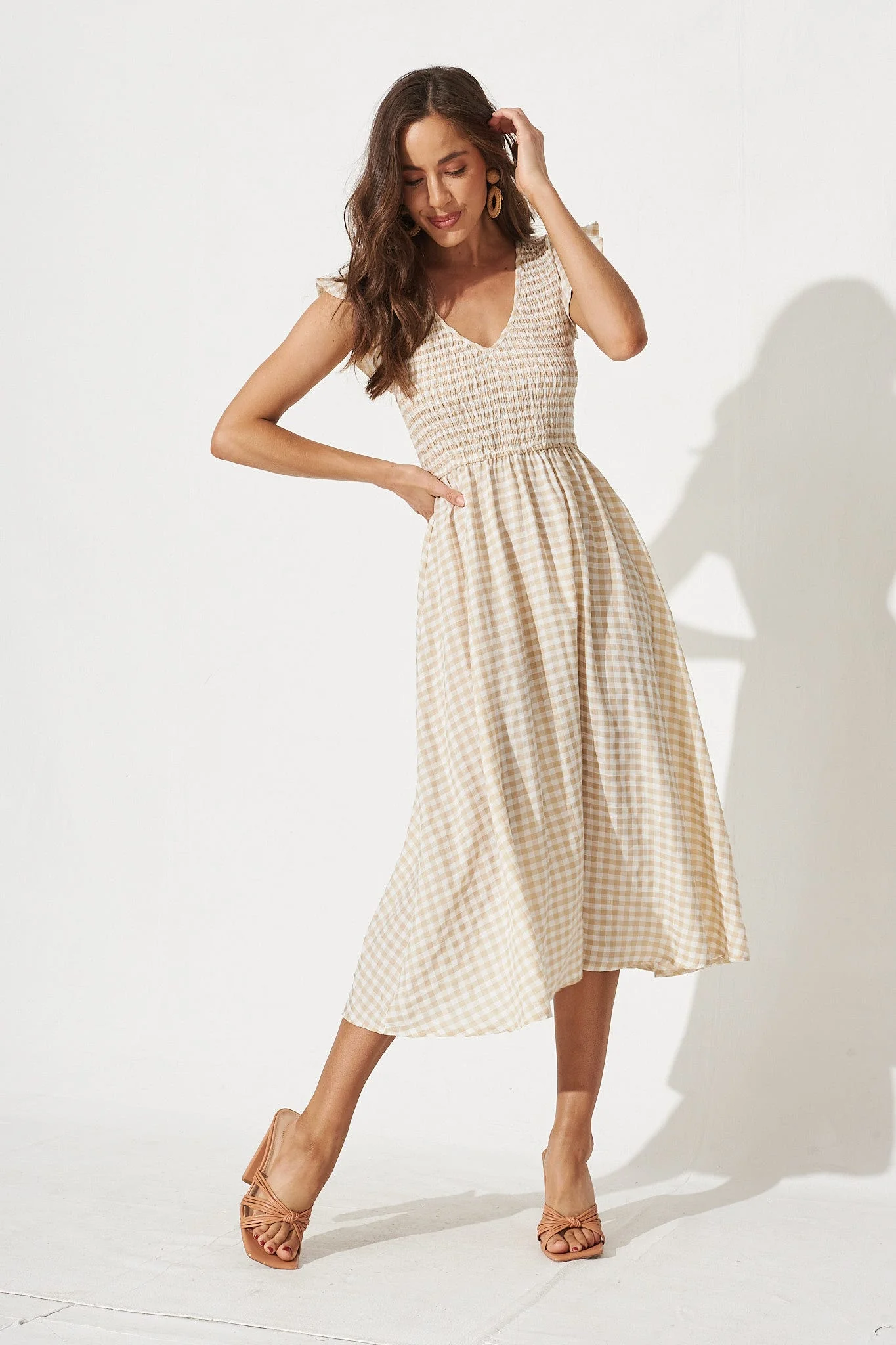 Jeannie Midi Dress In Beige Gingham - Image 3