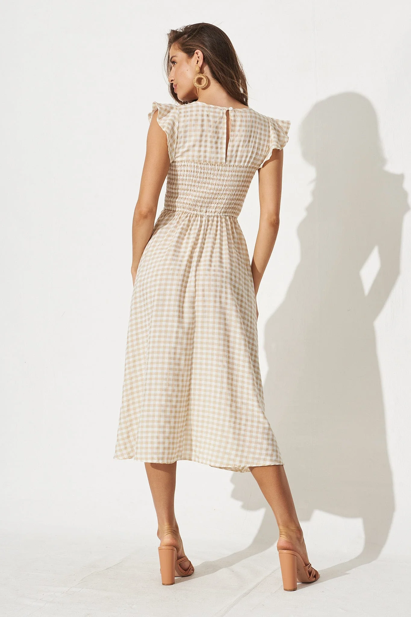 Jeannie Midi Dress In Beige Gingham - Image 6