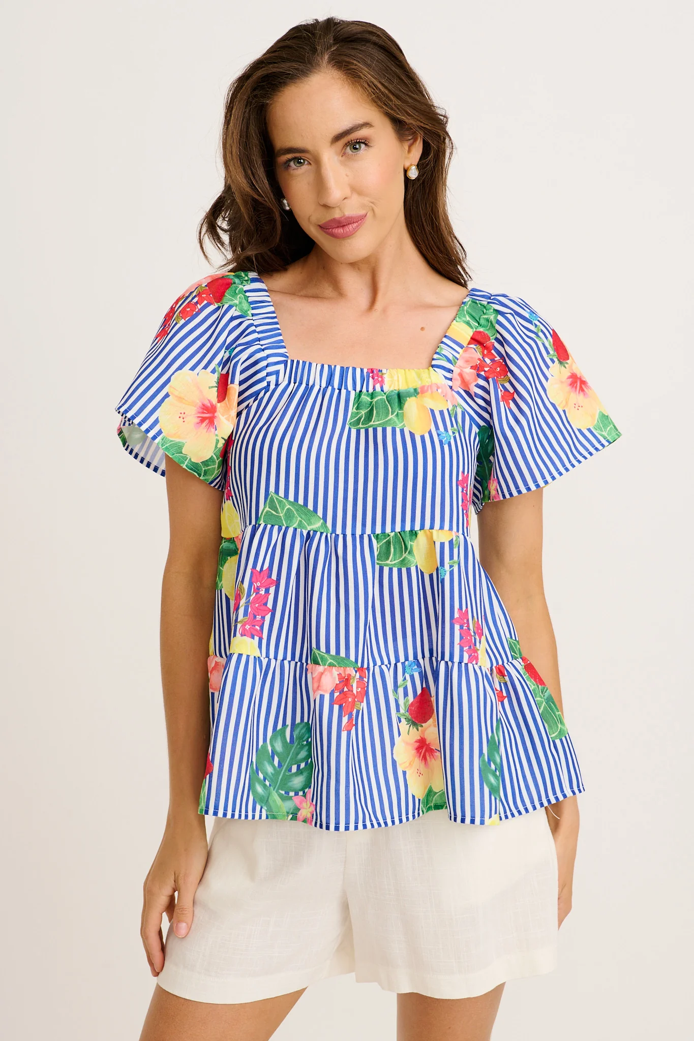 Jemma Off Shoulder Top in Blue Stripe Print Linen Blend - Image 3