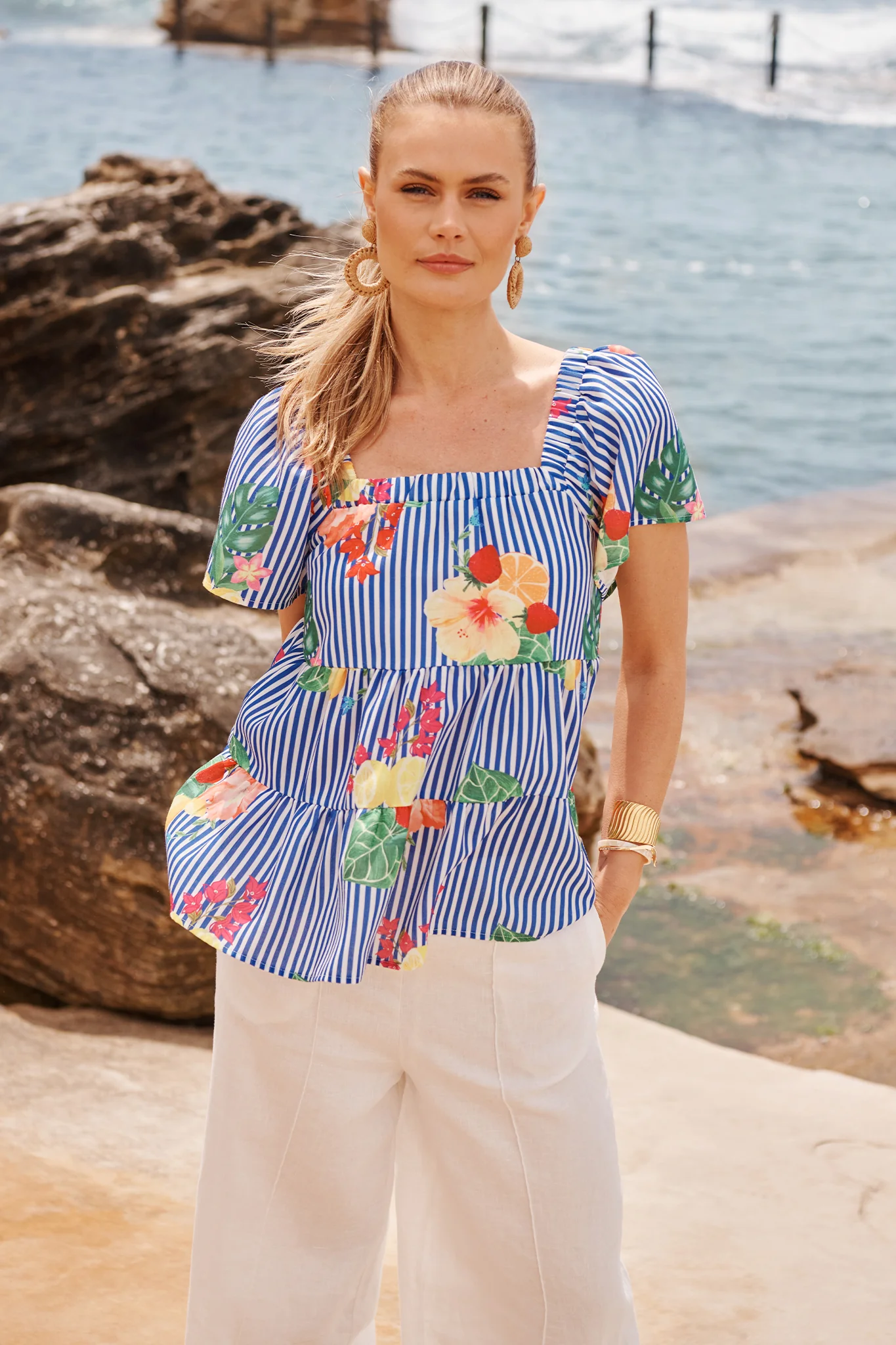 Jemma Off Shoulder Top in Blue Stripe Print Linen Blend - Image 5