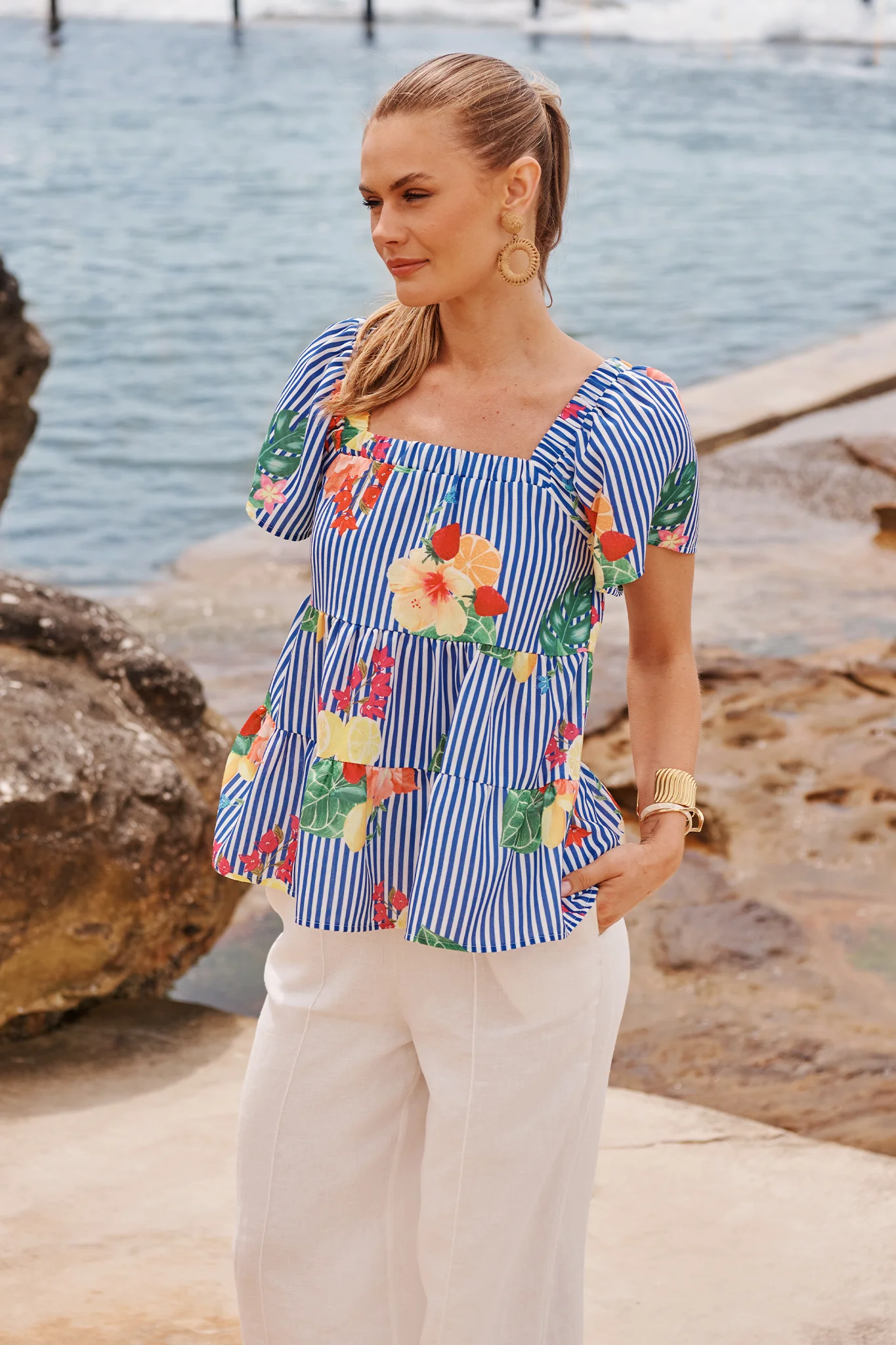 Jemma Off Shoulder Top in Blue Stripe Print Linen Blend - Image 6