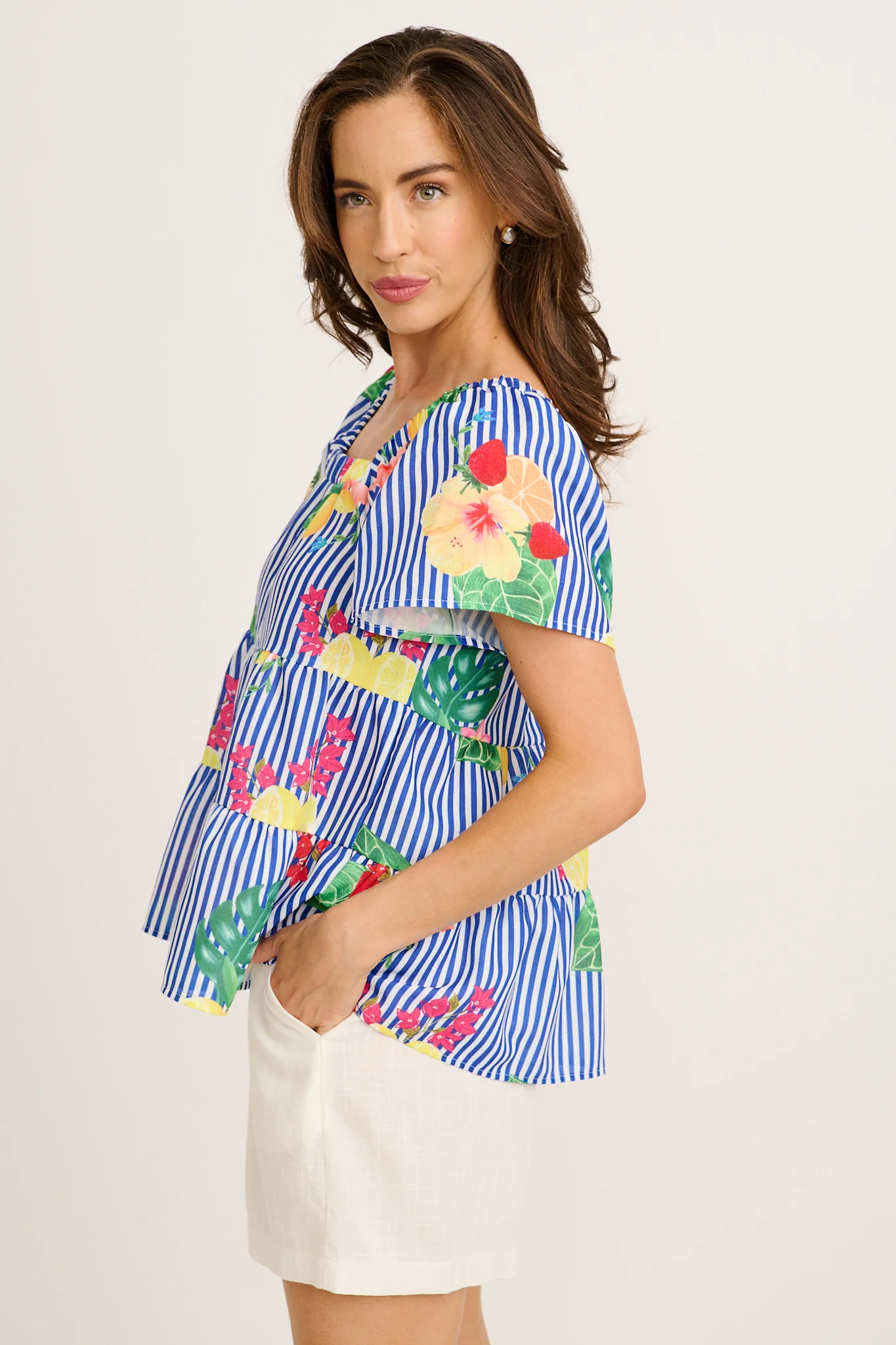 Jemma Off Shoulder Top in Blue Stripe Print Linen Blend - Image 7
