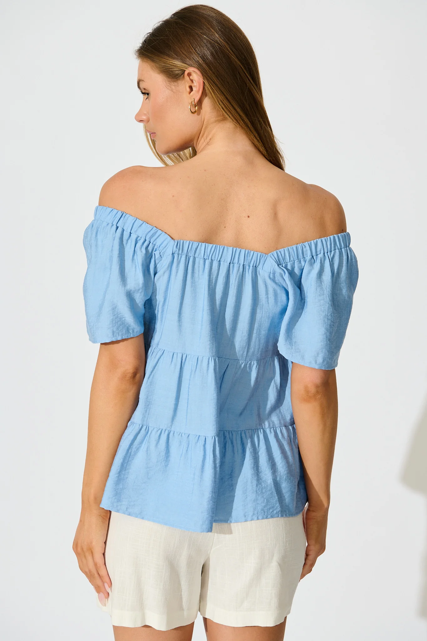 Jemma Off Shoulder Top in Light Blue Linen Blend - Image 3