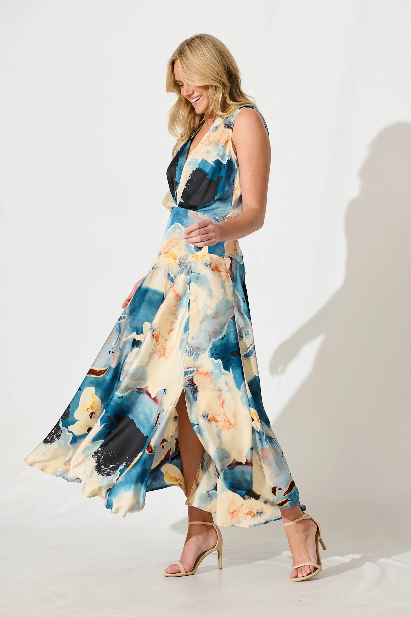 Jenibelle Maxi Dress in Blue And Cream Watercolour Satin - Image 3