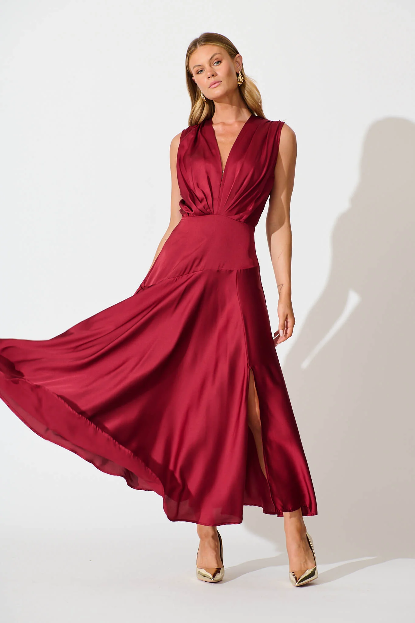 Jenibelle Maxi Dress in Wine Satin - Image 3