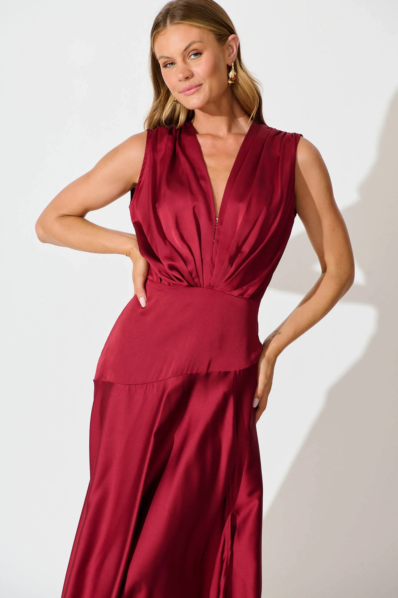 Jenibelle Maxi Dress in Wine Satin - Image 4