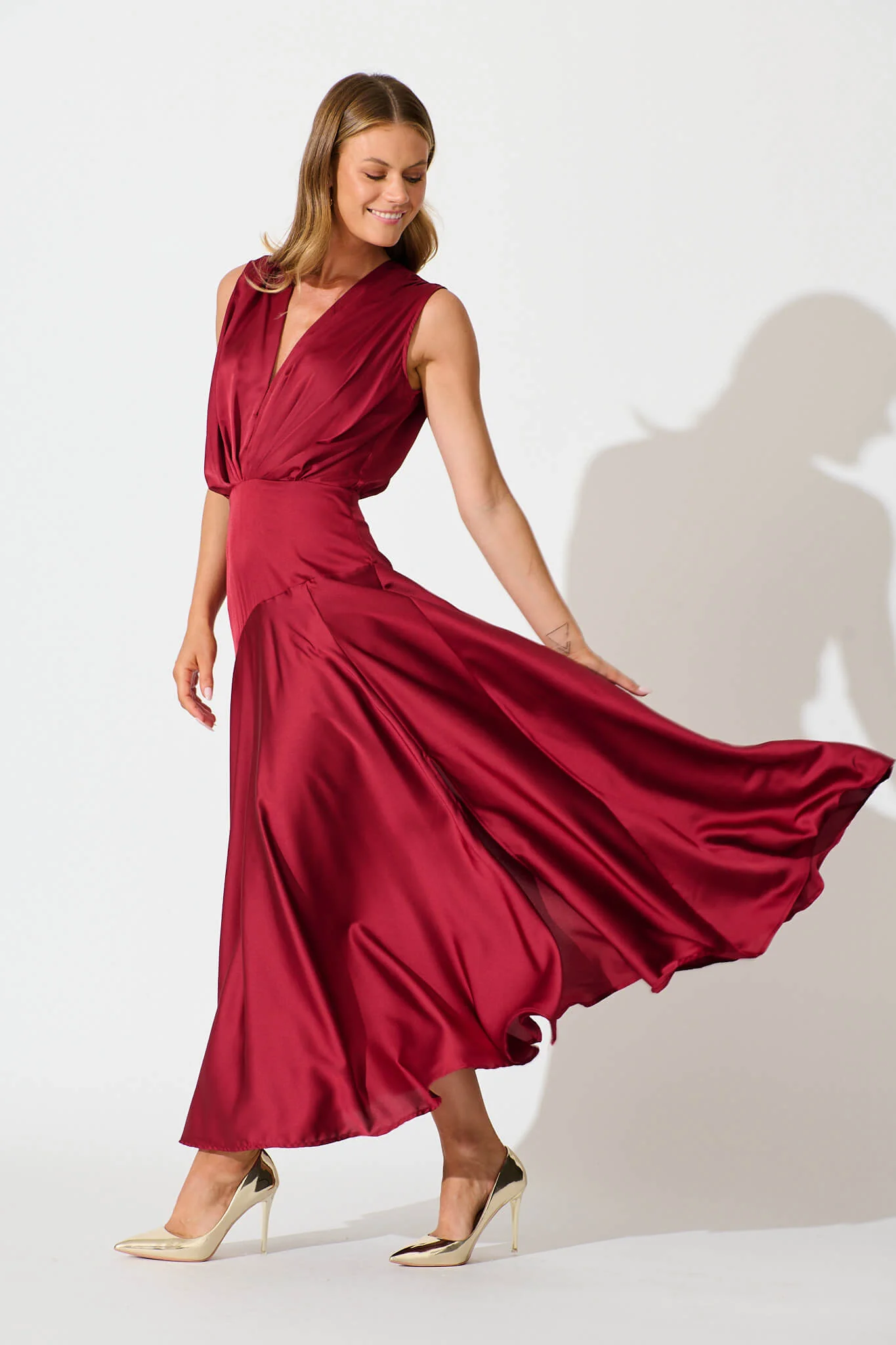 Jenibelle Maxi Dress in Wine Satin - Image 5