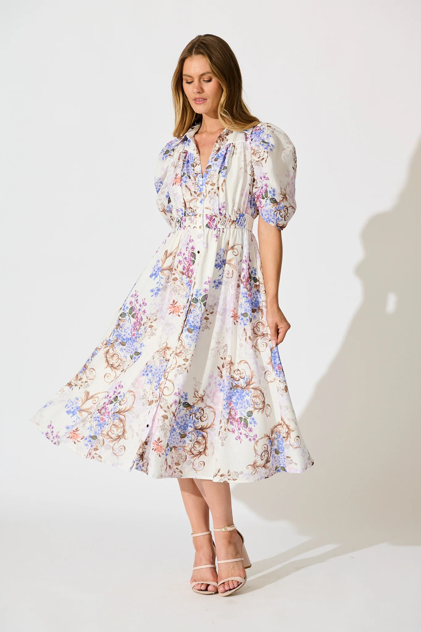 Jessy Midi Shirt Dress in White Floral Linen Blend