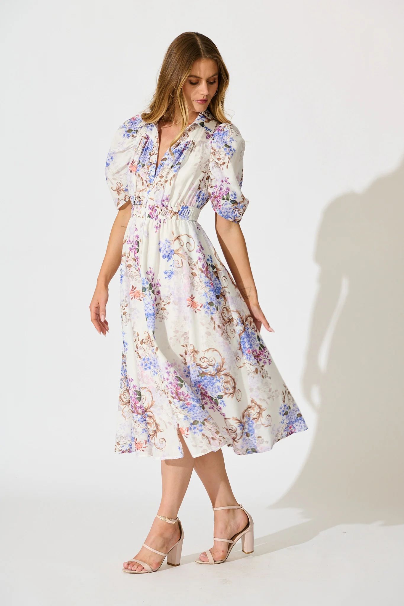 Jessy Midi Shirt Dress in White Floral Linen Blend - Image 3