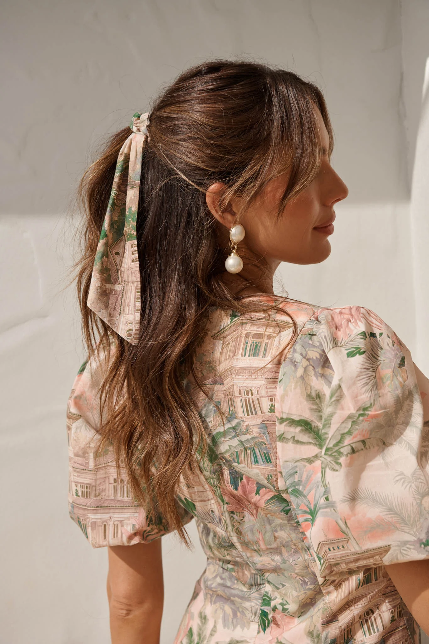 Jody Scrunchie with Tails in Multi Palm Tree Print