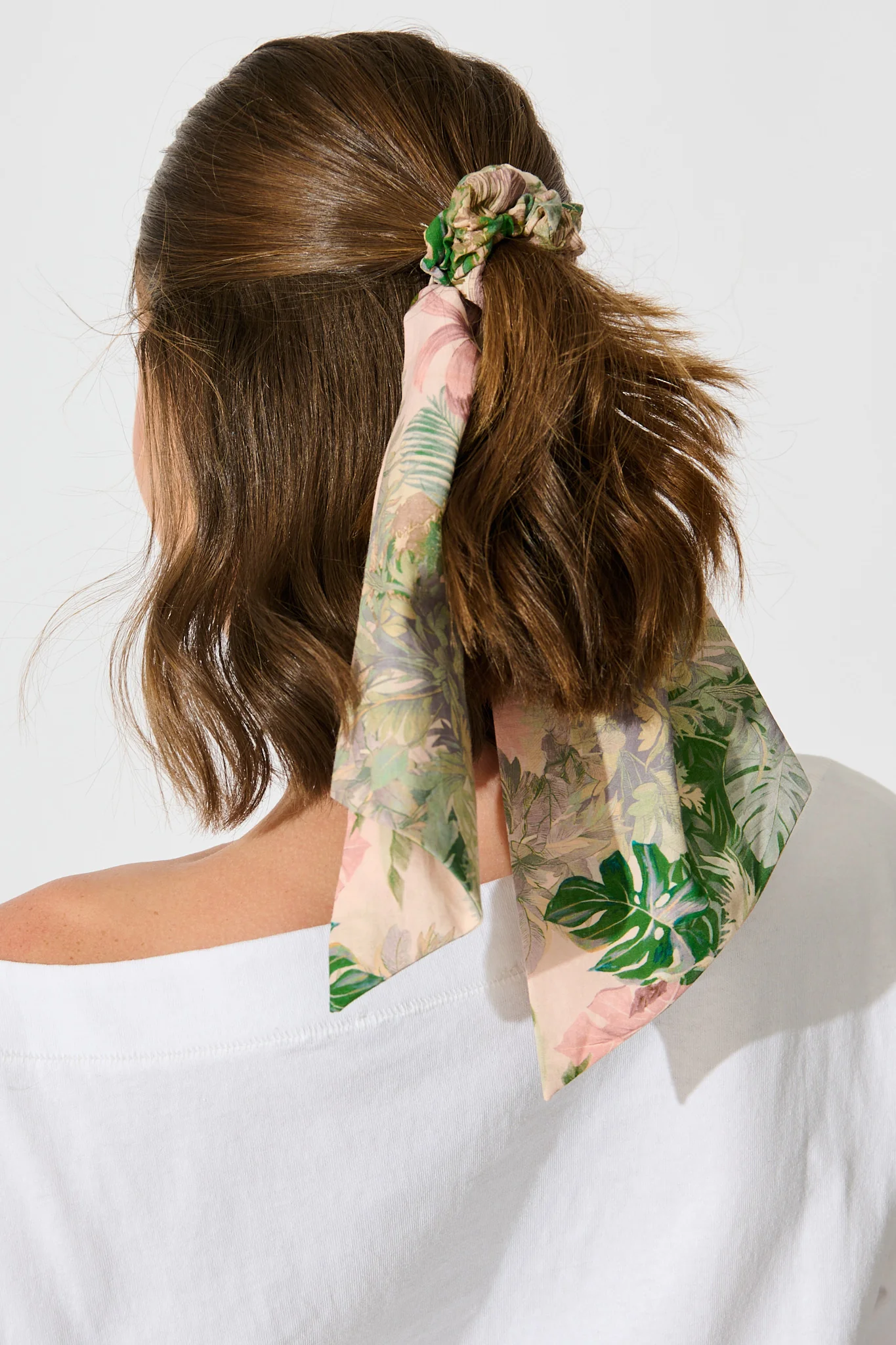 Jody Scrunchie with Tails in Multi Palm Tree Print - Image 5