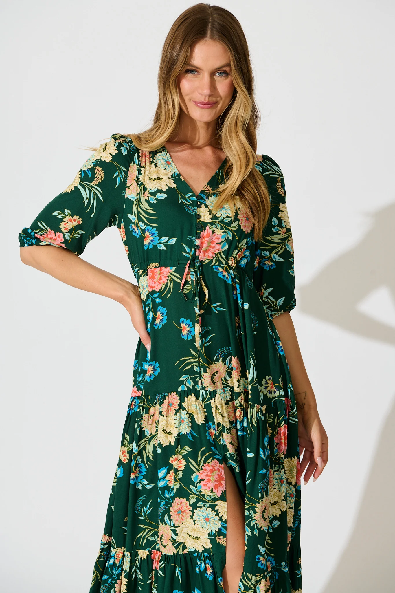 Jolanta Midi Dress in Emerald with Multi Floral - Image 2
