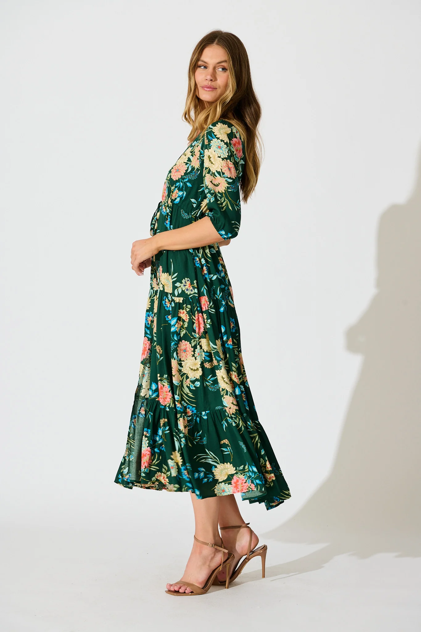 Jolanta Midi Dress in Emerald with Multi Floral - Image 3