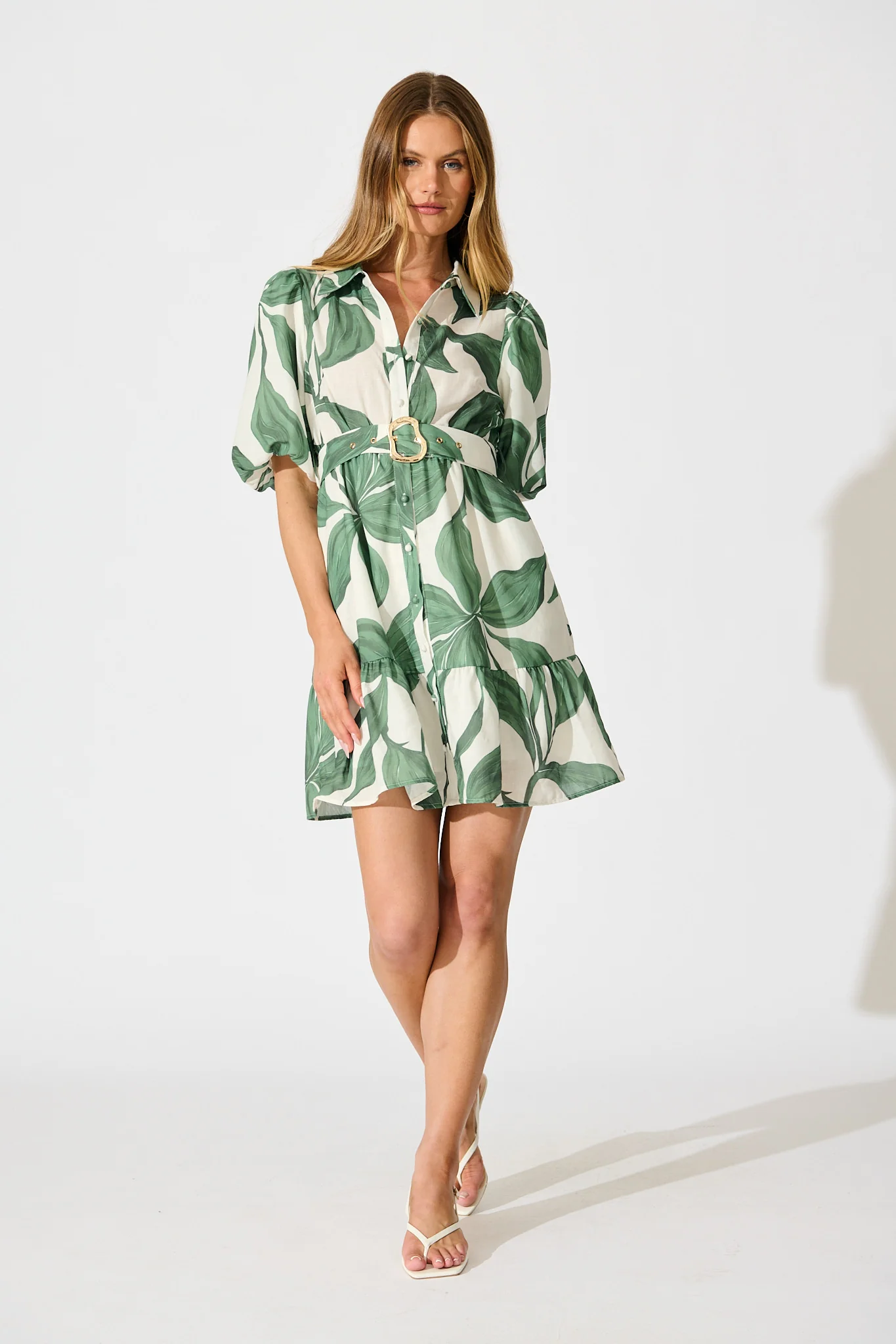 Jonna Shirt Dress in Cream with Green Leaf Linen Blend